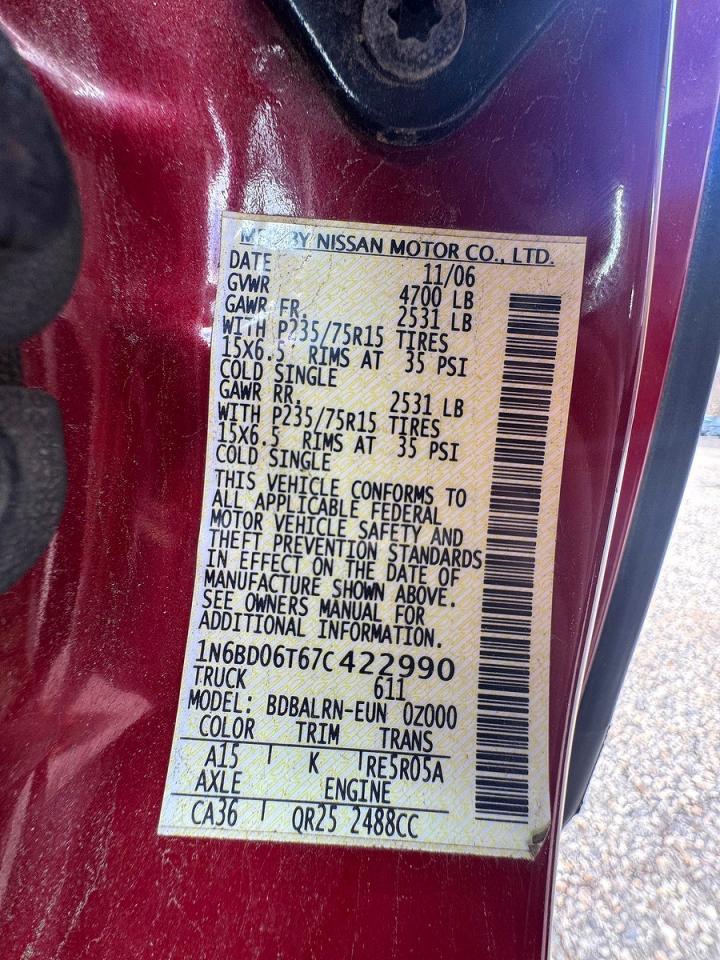 2007 Nissan Frontier Xe Бордовый vin: 1N6BD06T67C422990