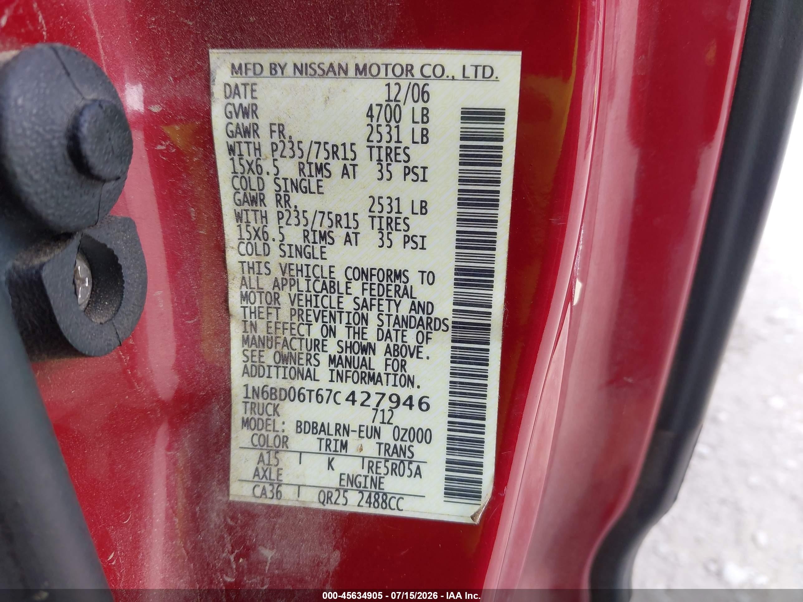 2007 Nissan Frontier Xe Red vin: 1N6BD06T67C427946