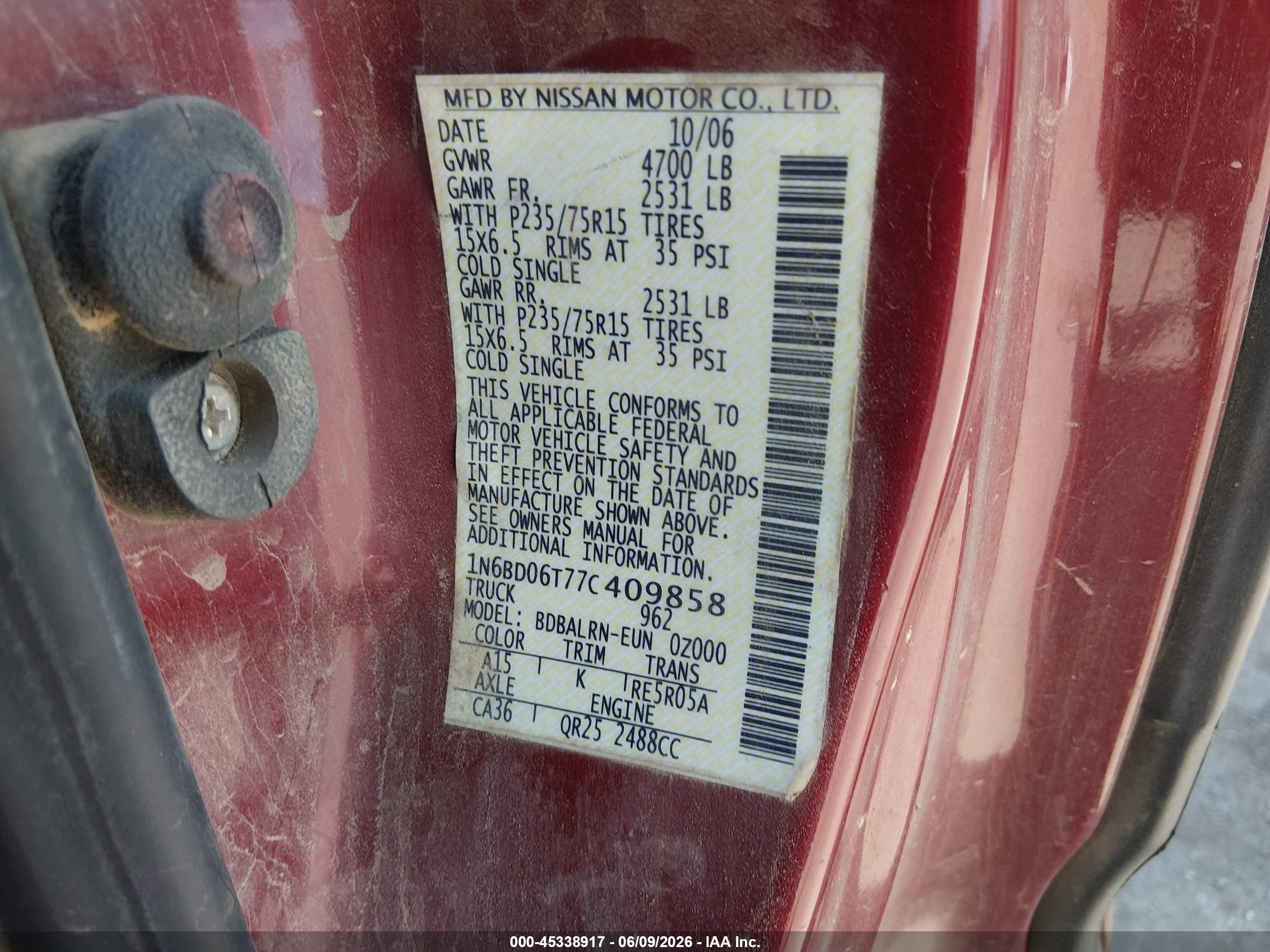 2007 Nissan Frontier Xe Red vin: 1N6BD06T77C409858