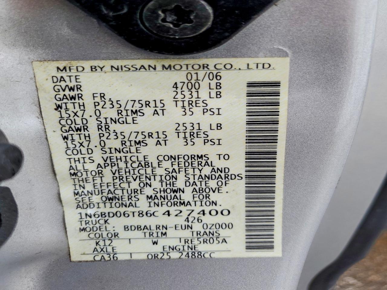 2006 Nissan Frontier King Cab Xe Silver vin: 1N6BD06T86C427400