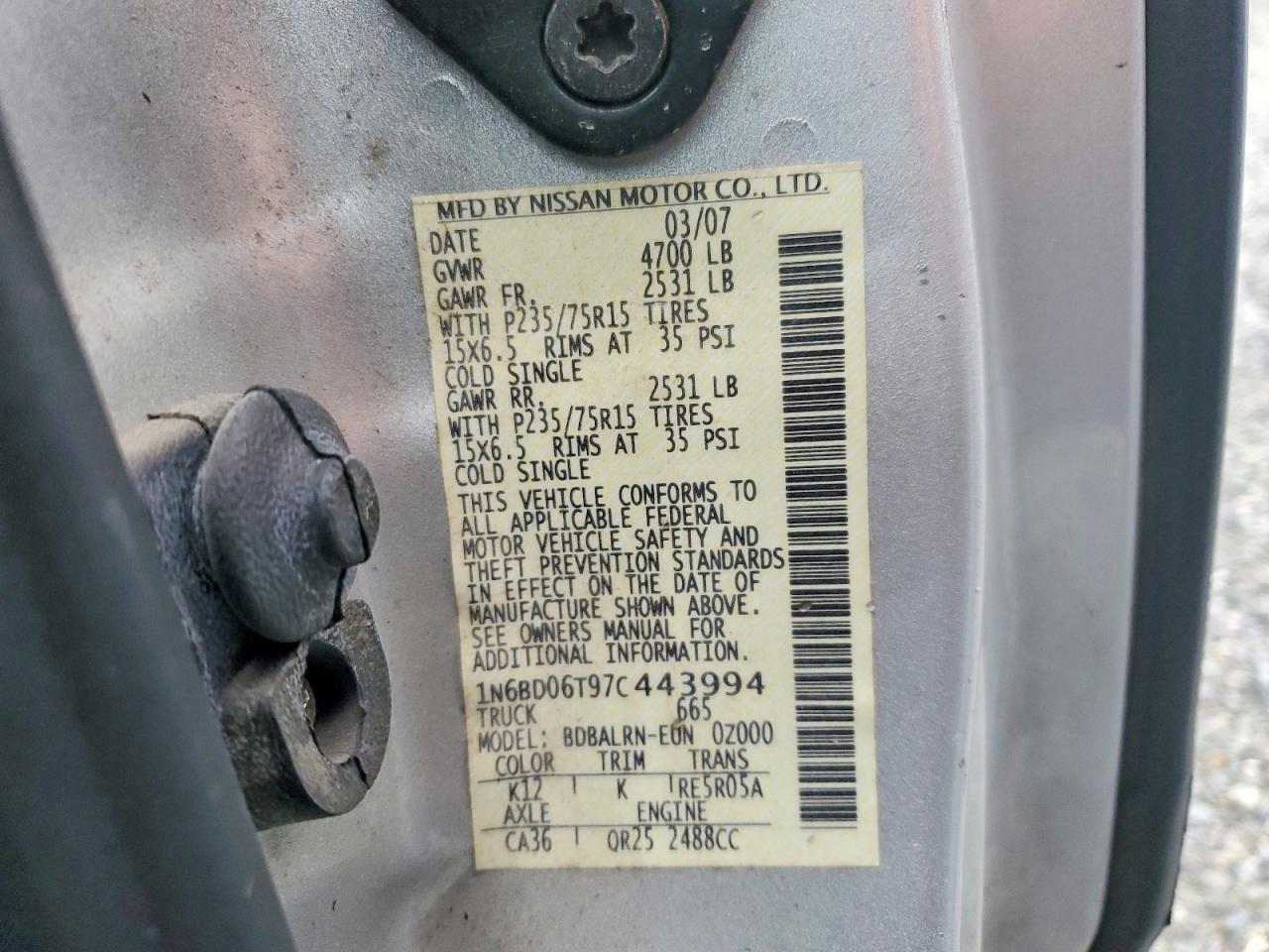 2007 Nissan Frontier Xe Silver vin: 1N6BD06T97C443994
