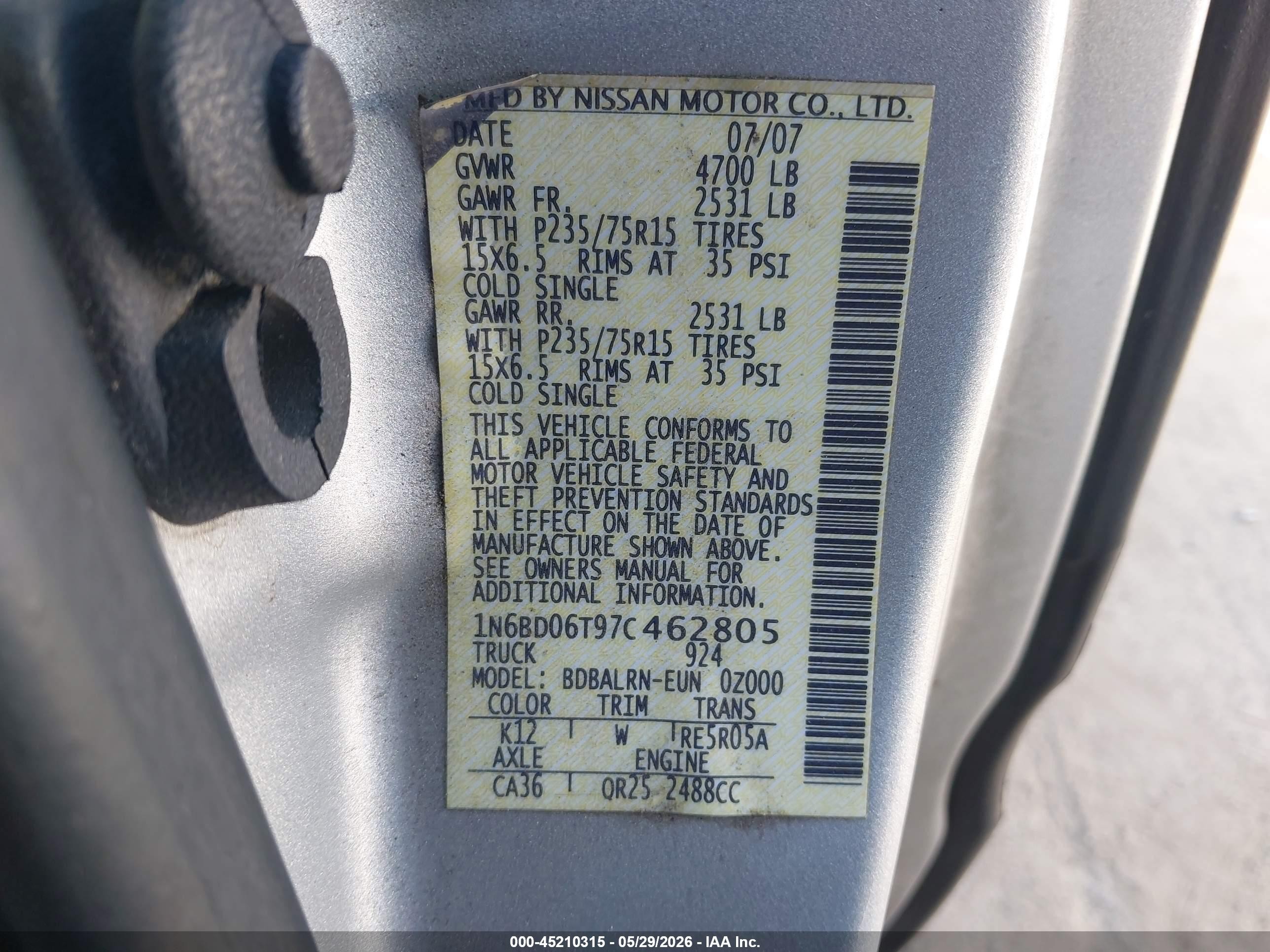 2007 Nissan Frontier Xe Silver vin: 1N6BD06T97C462805