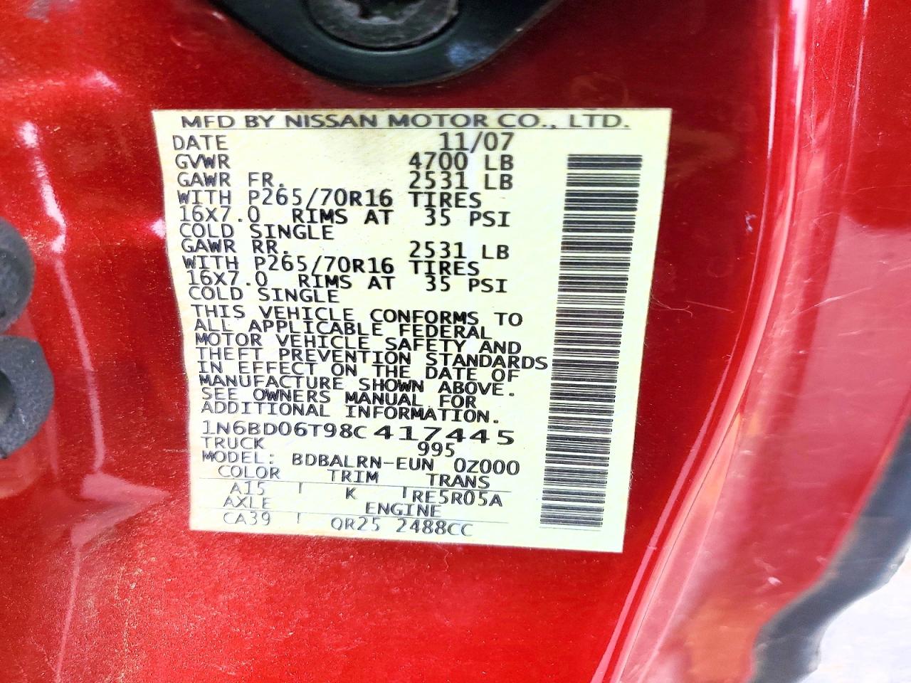 2008 Nissan Frontier Xe Red vin: 1N6BD06T98C417445