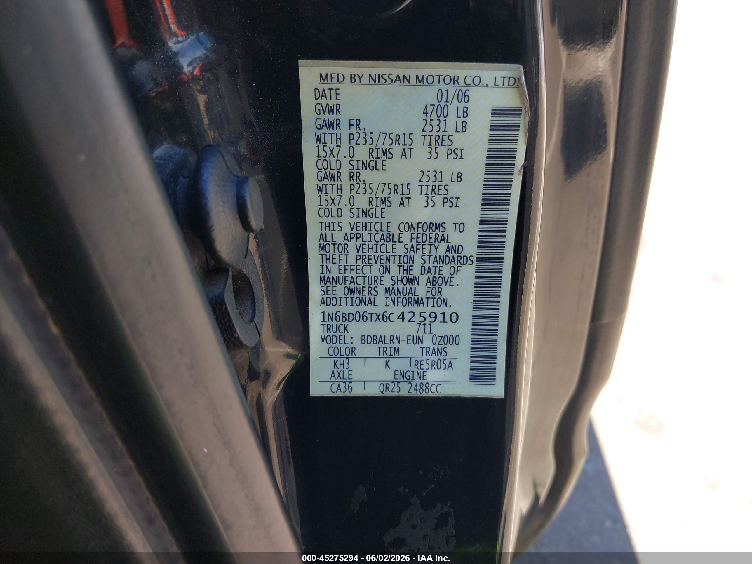 2006 Nissan Frontier Xe Black vin: 1N6BD06TX6C425910