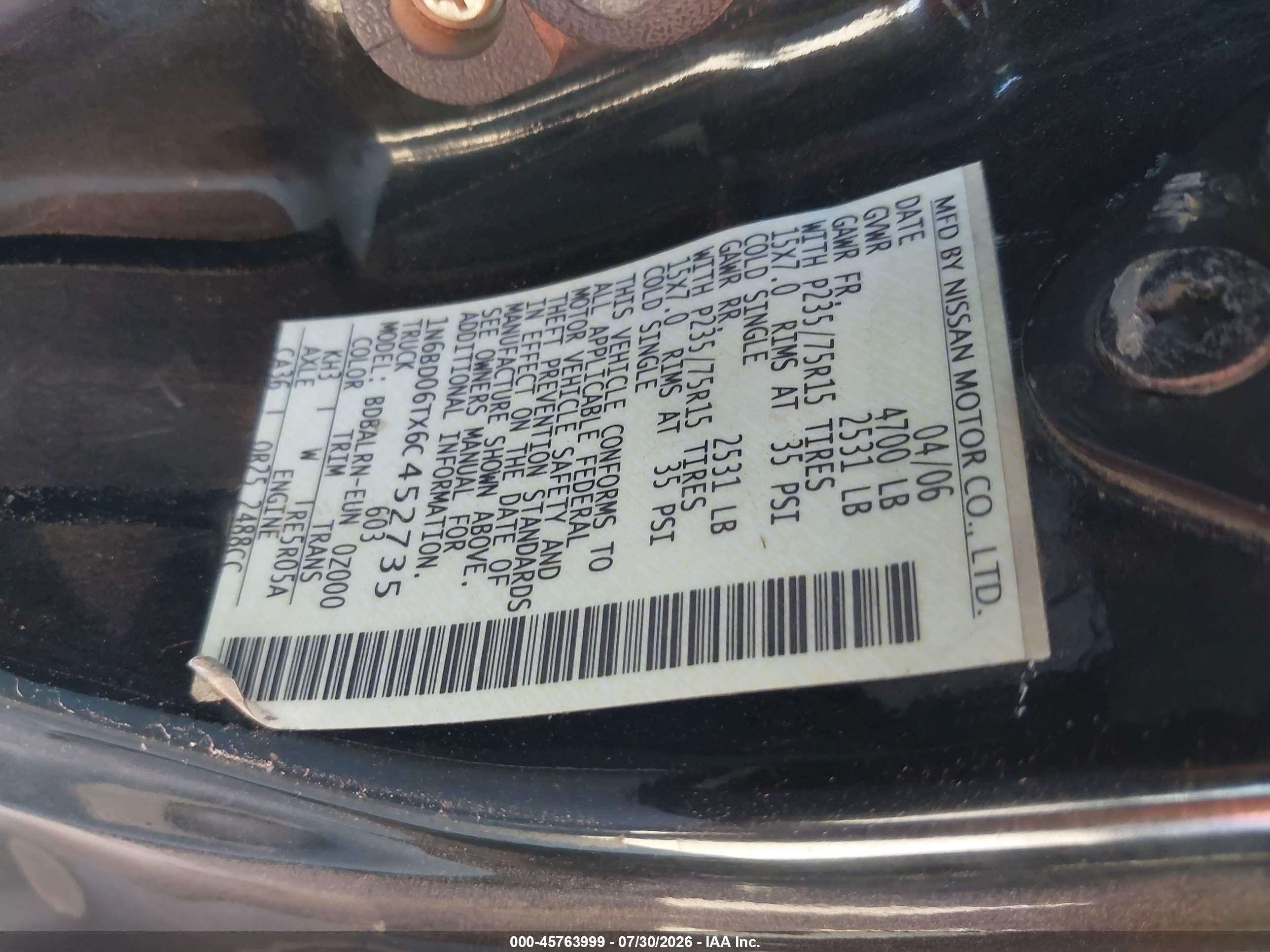 2006 Nissan Frontier Xe Black vin: 1N6BD06TX6C452735