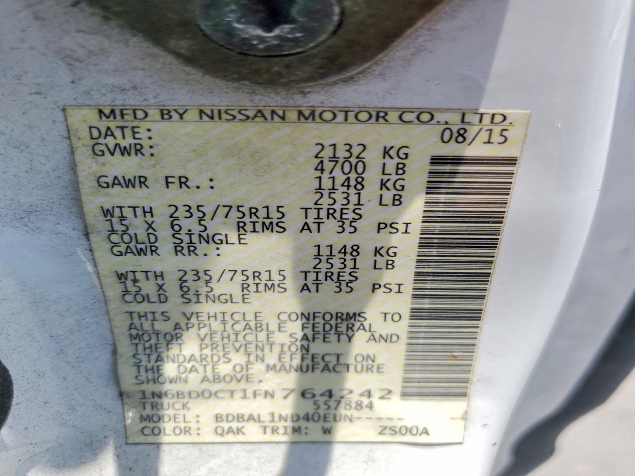 2015 Nissan Frontier S White vin: 1N6BD0CT1FN764242