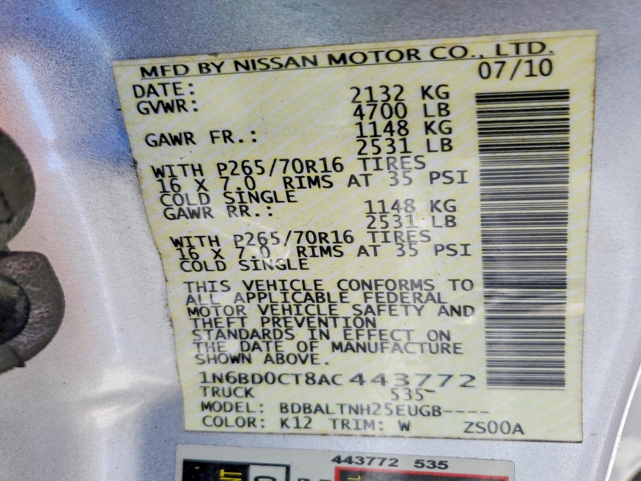 2010 Nissan Frontier Xe Silver vin: 1N6BD0CT8AC443772