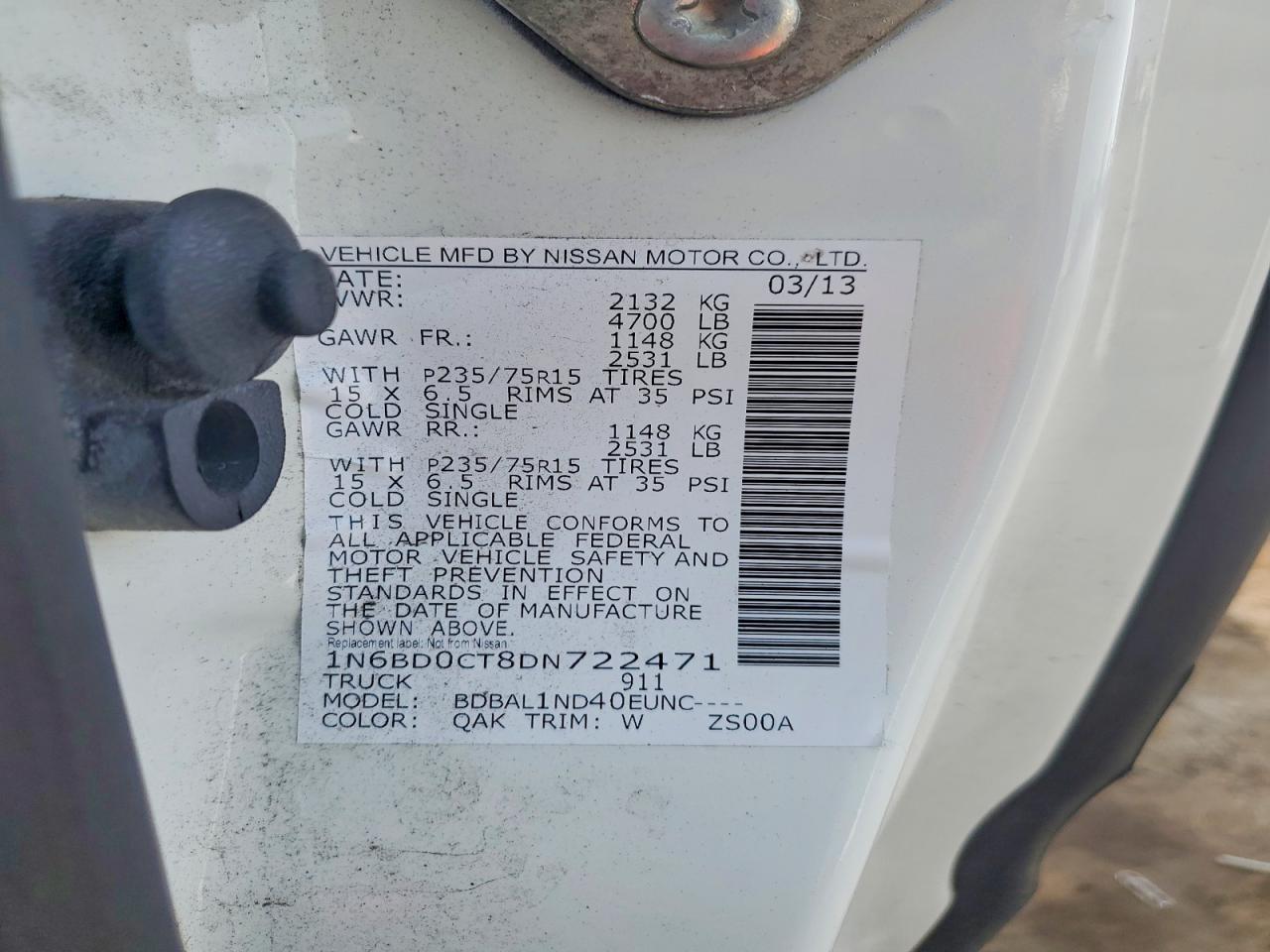2013 Nissan Frontier S White vin: 1N6BD0CT8DN722471