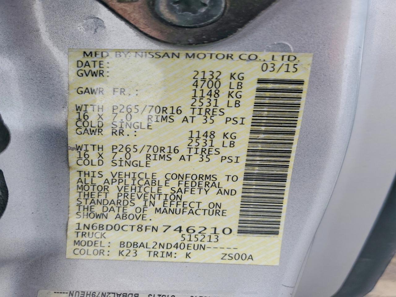 2015 Nissan Frontier Sv Серебряный vin: 1N6BD0CT8FN746210
