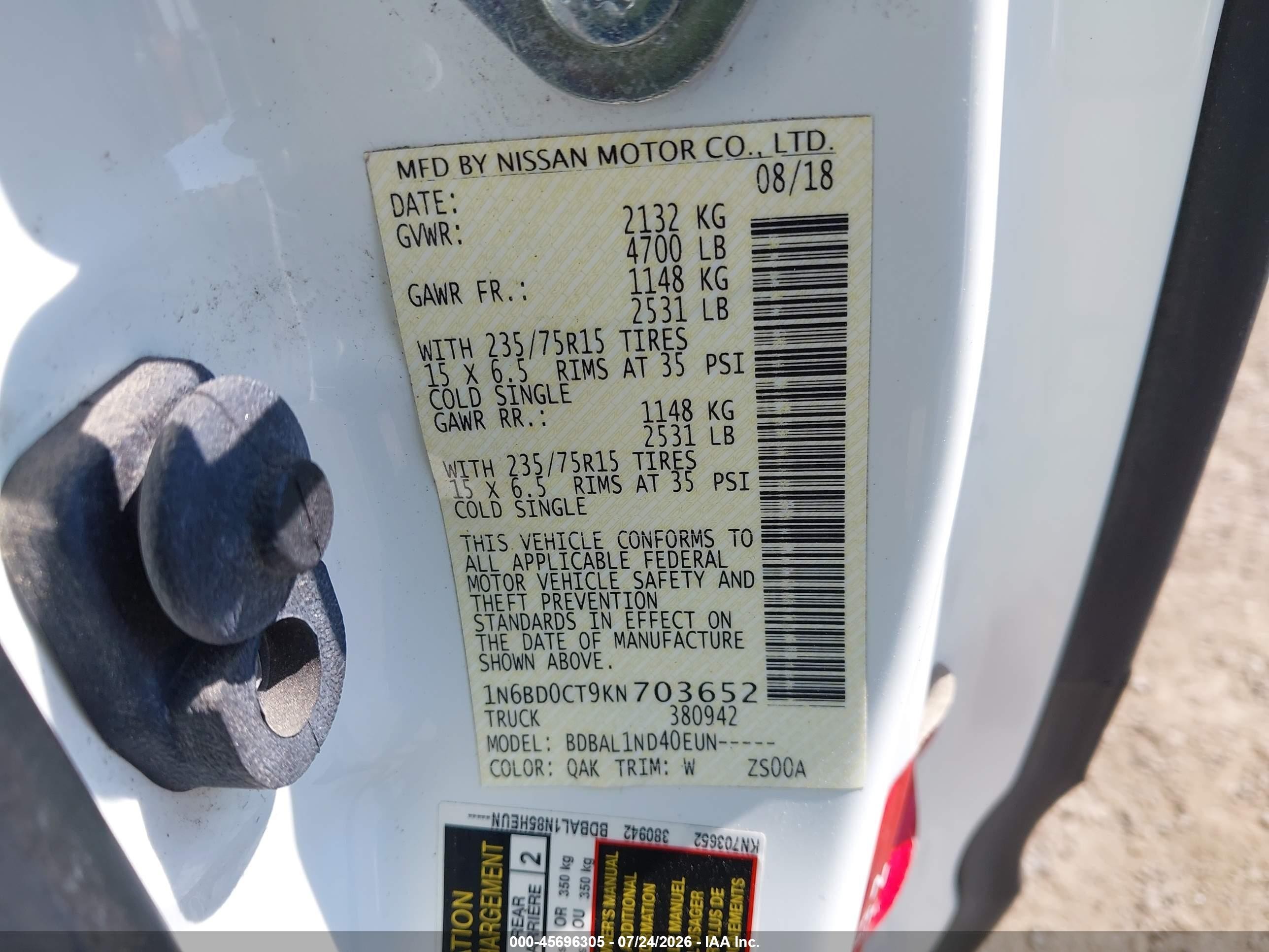2019 Nissan Frontier S White vin: 1N6BD0CT9KN703652