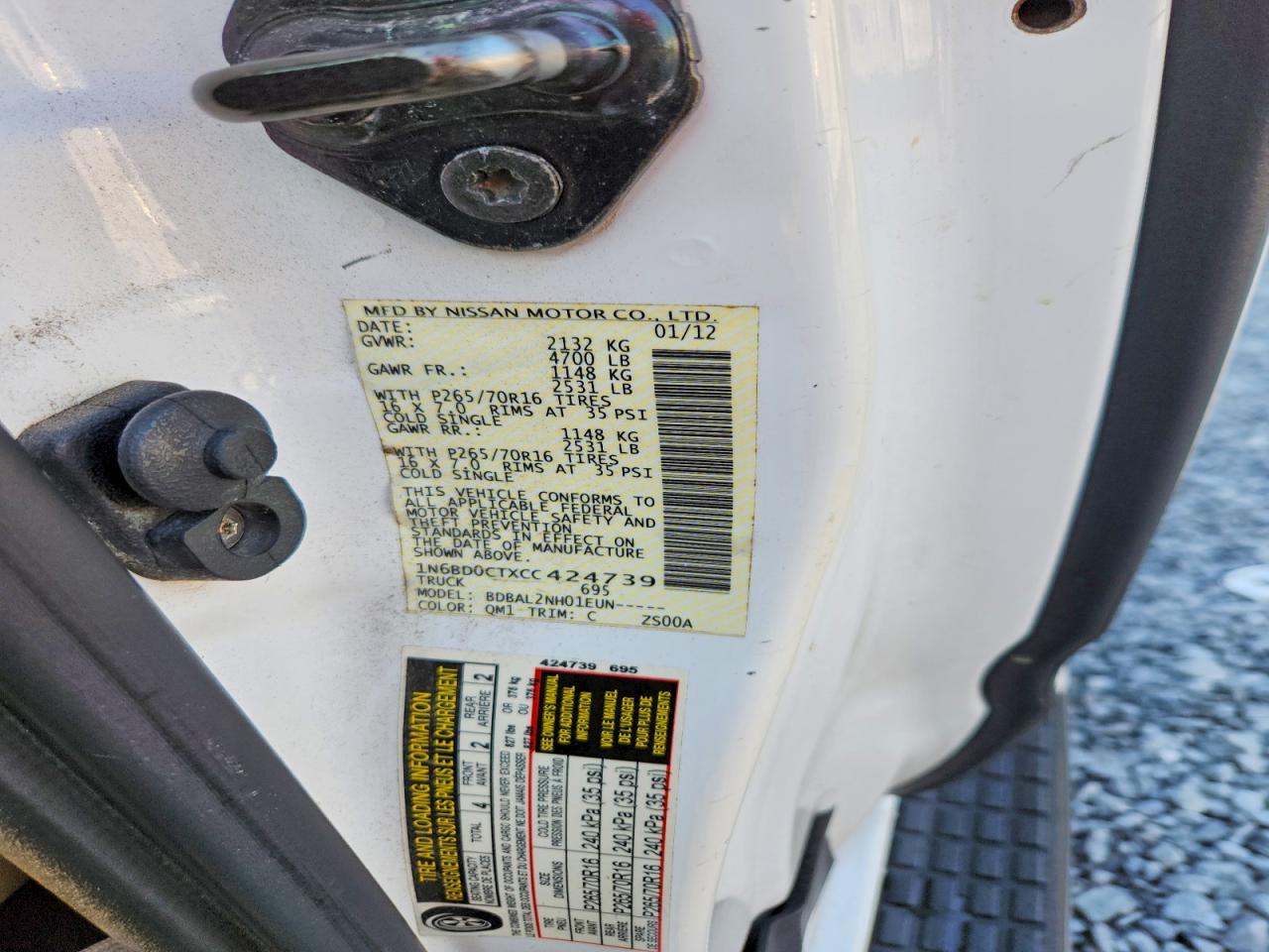 2012 Nissan Frontier S White vin: 1N6BD0CTXCC424739