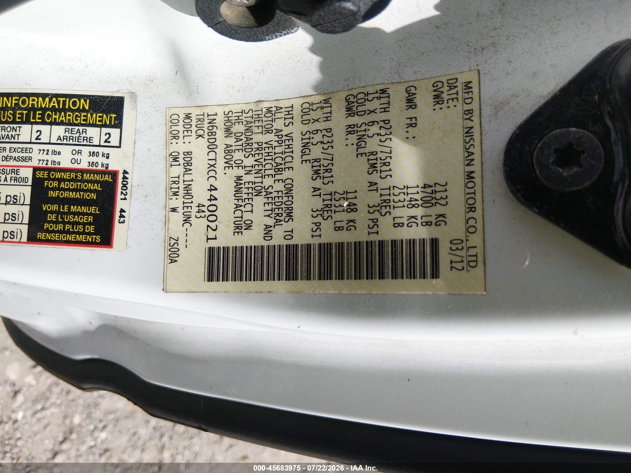 2012 Nissan Frontier S White vin: 1N6BD0CTXCC440021