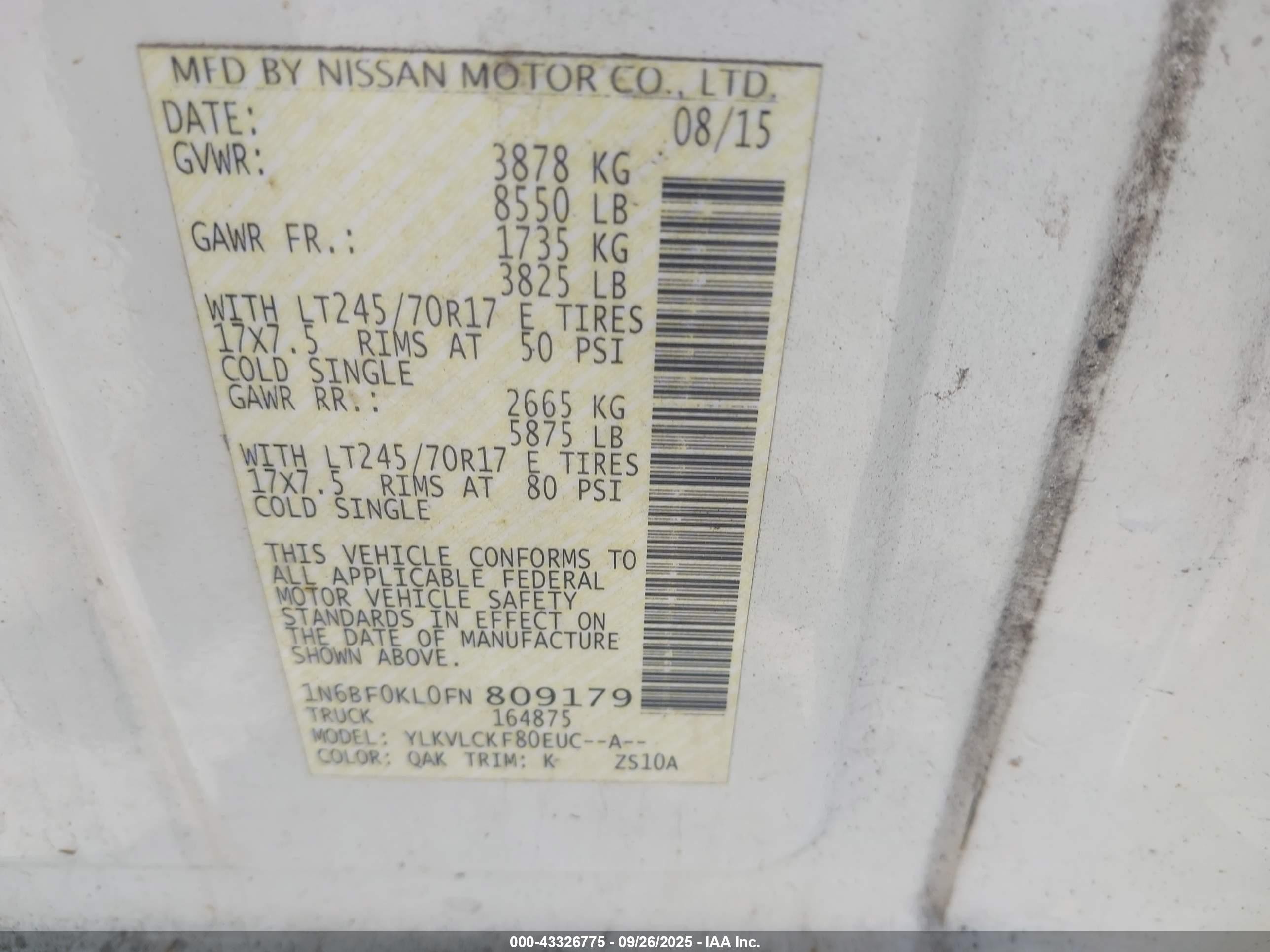 2015 Nissan Nv Cargo Nv1500 S V6 Silver vin: 1N6BF0KL0FN809179