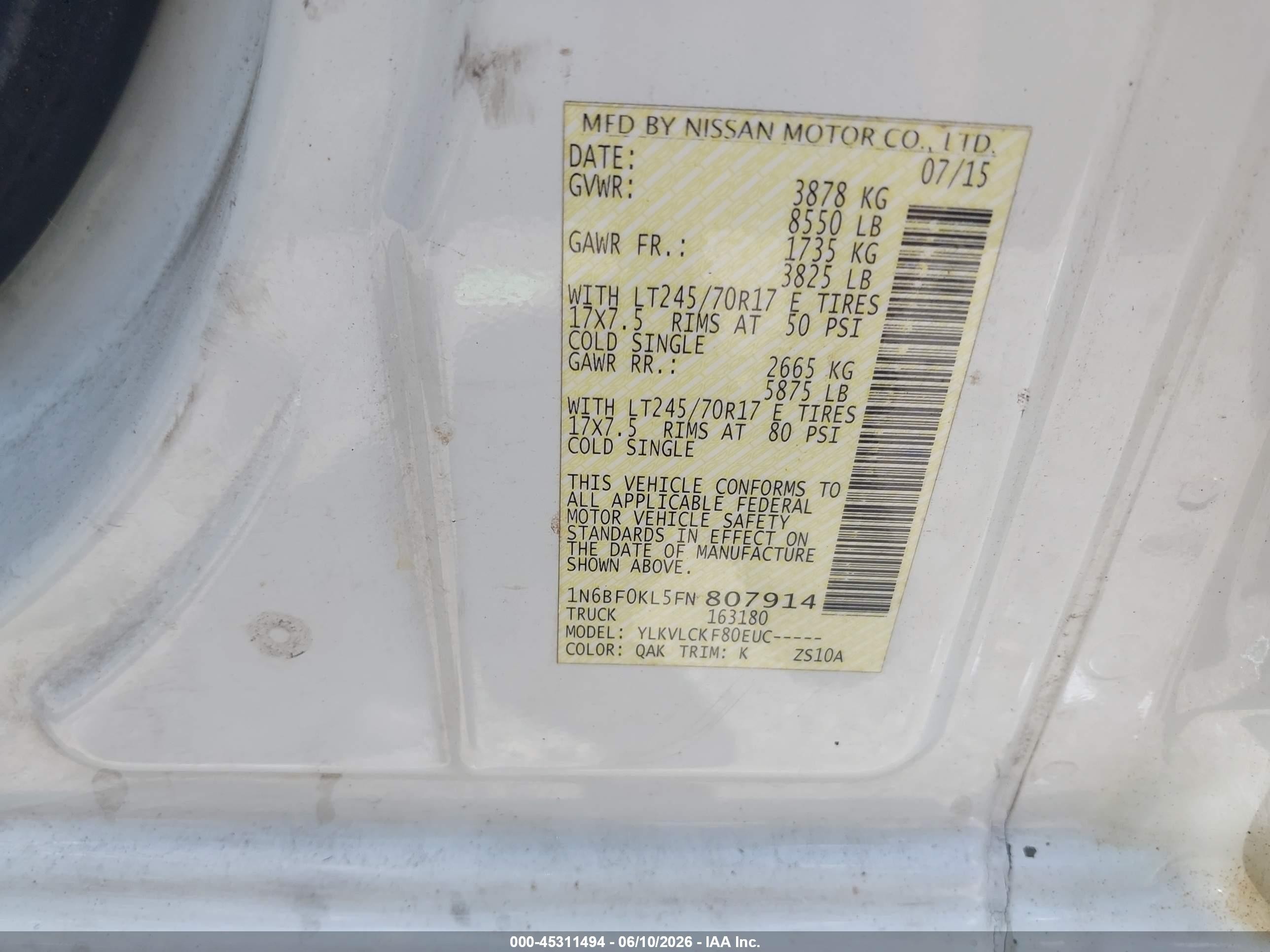 2015 Nissan Nv Cargo Nv1500 S V6 White vin: 1N6BF0KL5FN807914