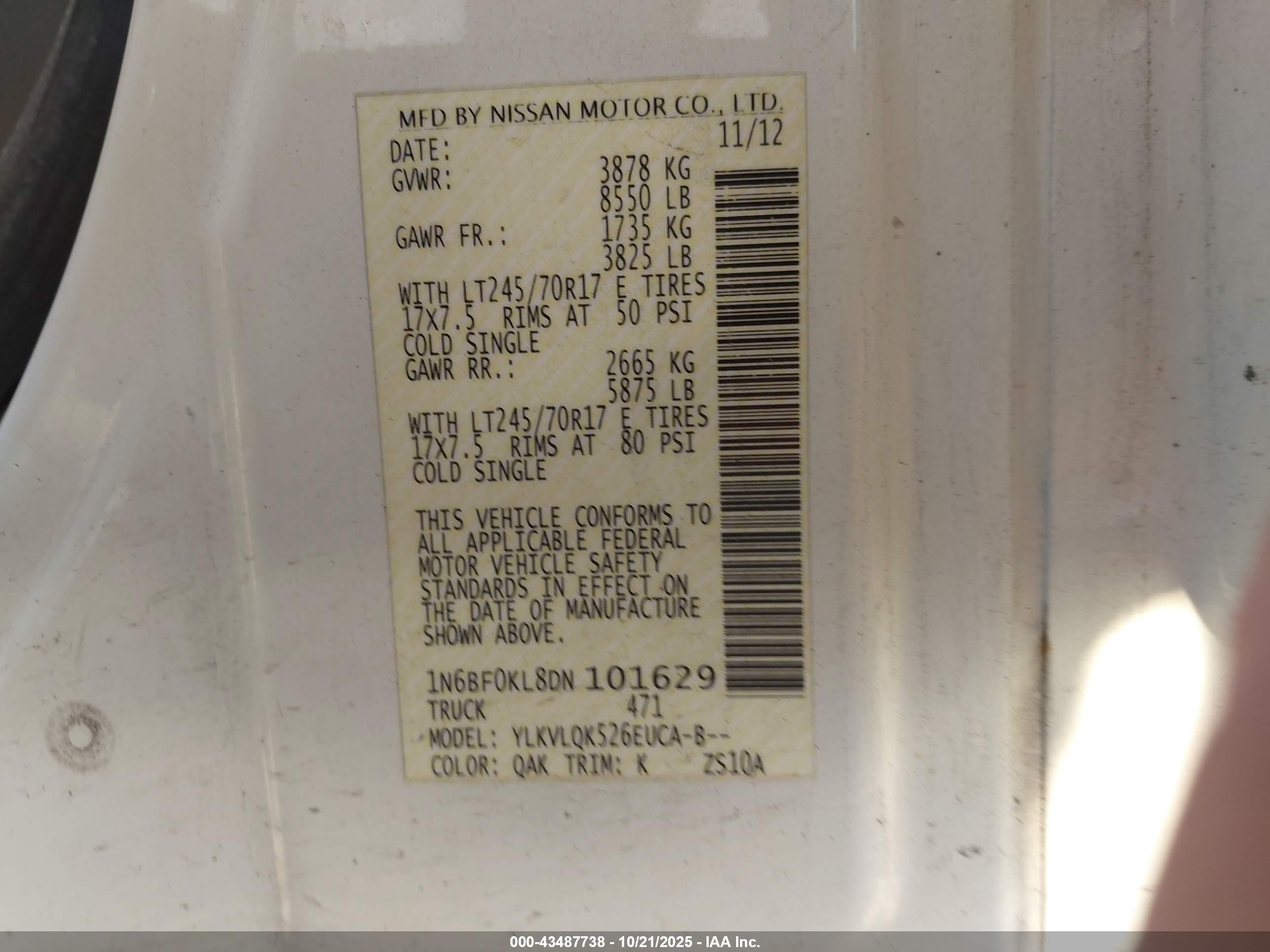 2013 Nissan Nv Cargo Nv1500 S V6 White vin: 1N6BF0KL8DN101629