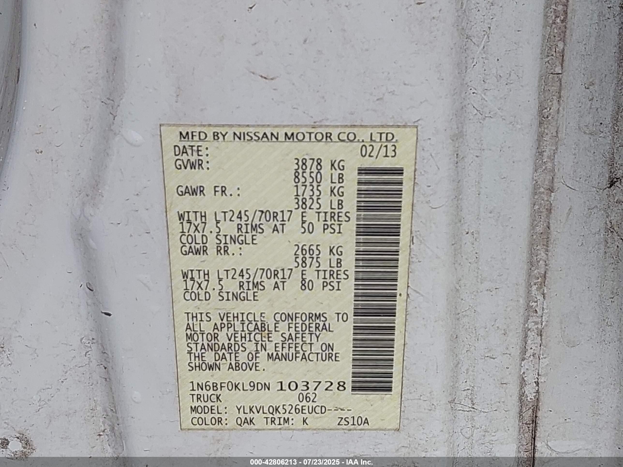 2013 Nissan Nv Cargo Nv1500 S V6 White vin: 1N6BF0KL9DN103728