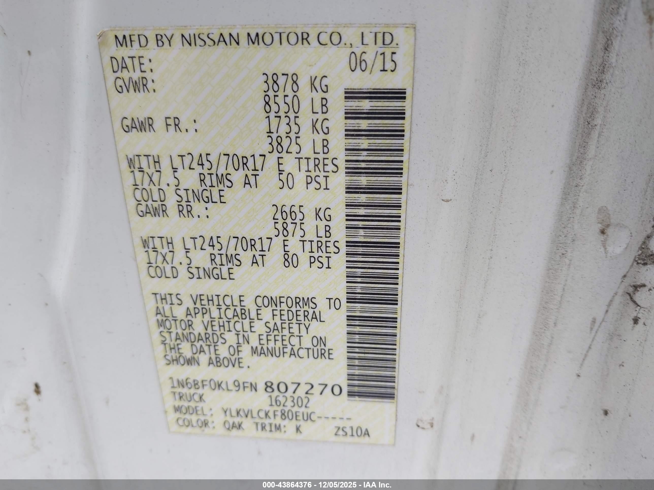 2015 Nissan Nv Cargo Nv1500 S V6 White vin: 1N6BF0KL9FN807270