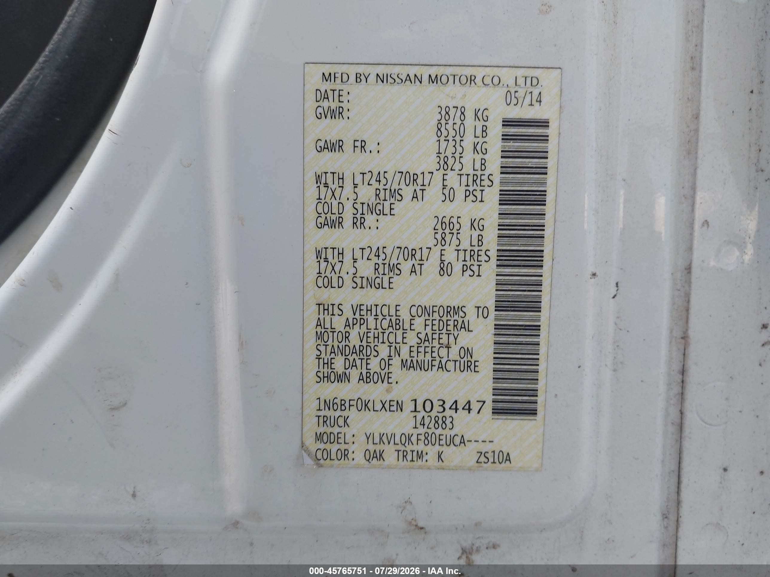 2014 Nissan Nv Cargo Nv1500 S V6 White vin: 1N6BF0KLXEN103447