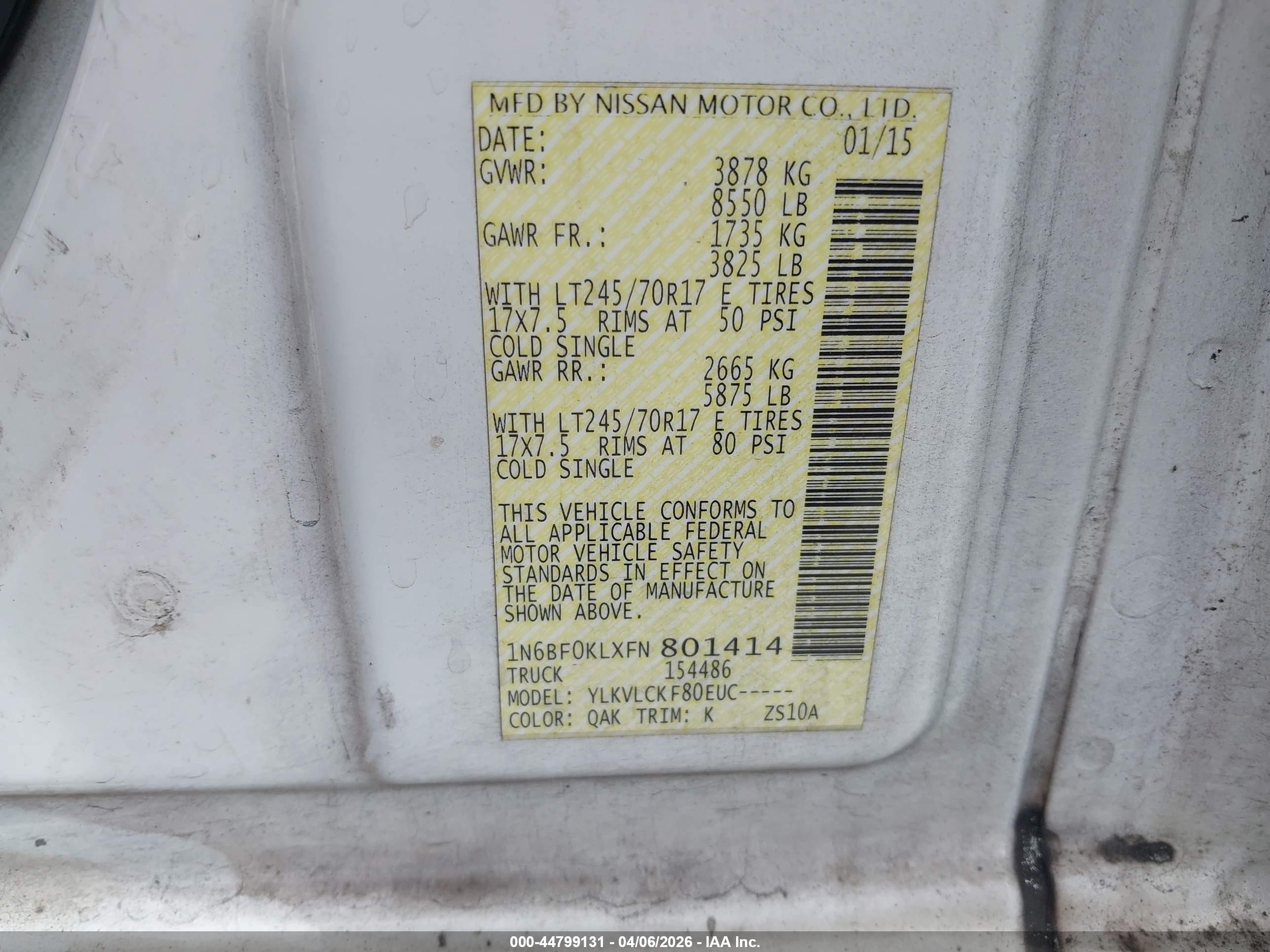 2015 Nissan Nv Cargo Nv1500 S V6 White vin: 1N6BF0KLXFN801414