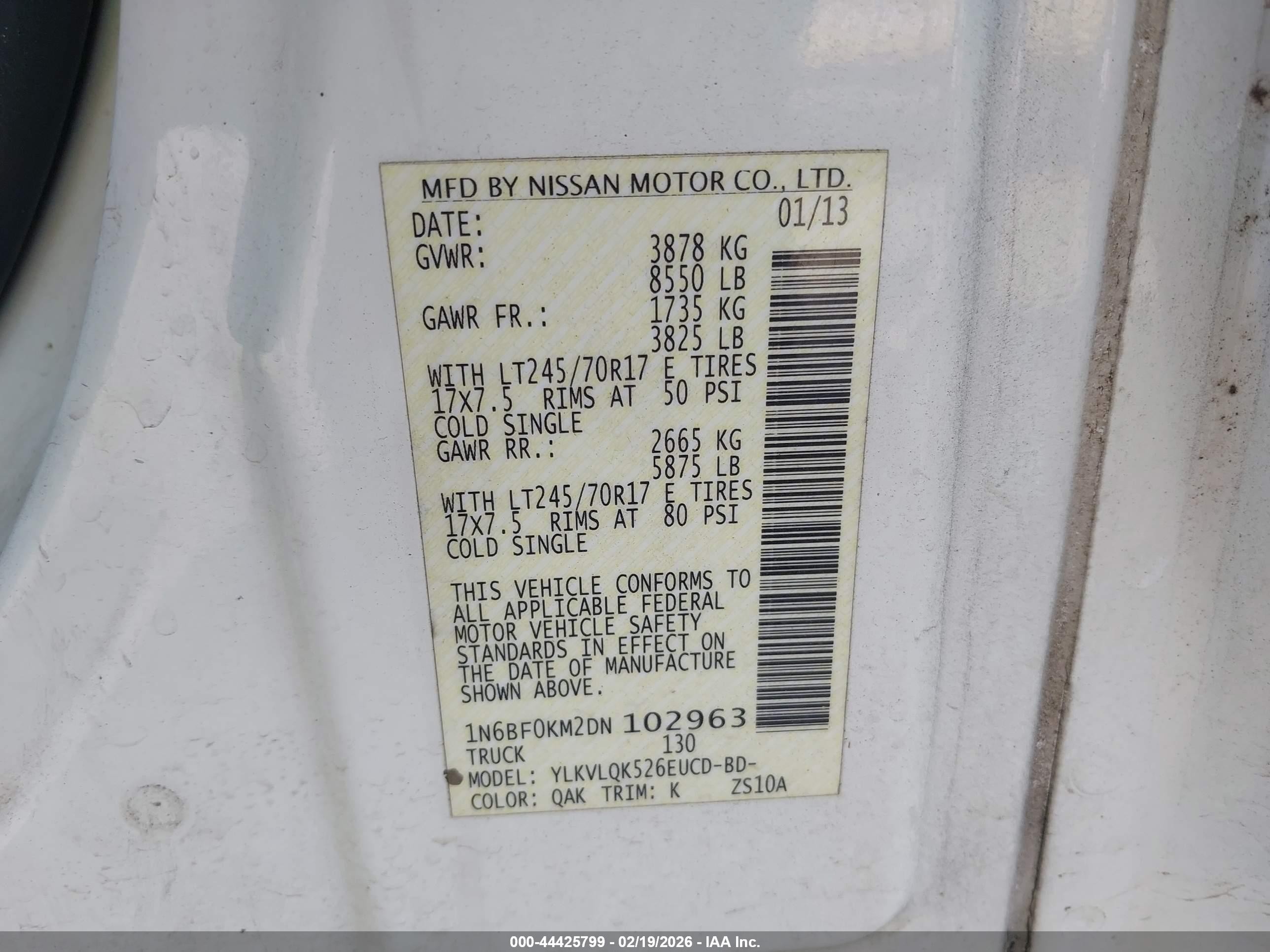 2013 Nissan Nv Cargo Nv1500 S V6 White vin: 1N6BF0KM2DN102963