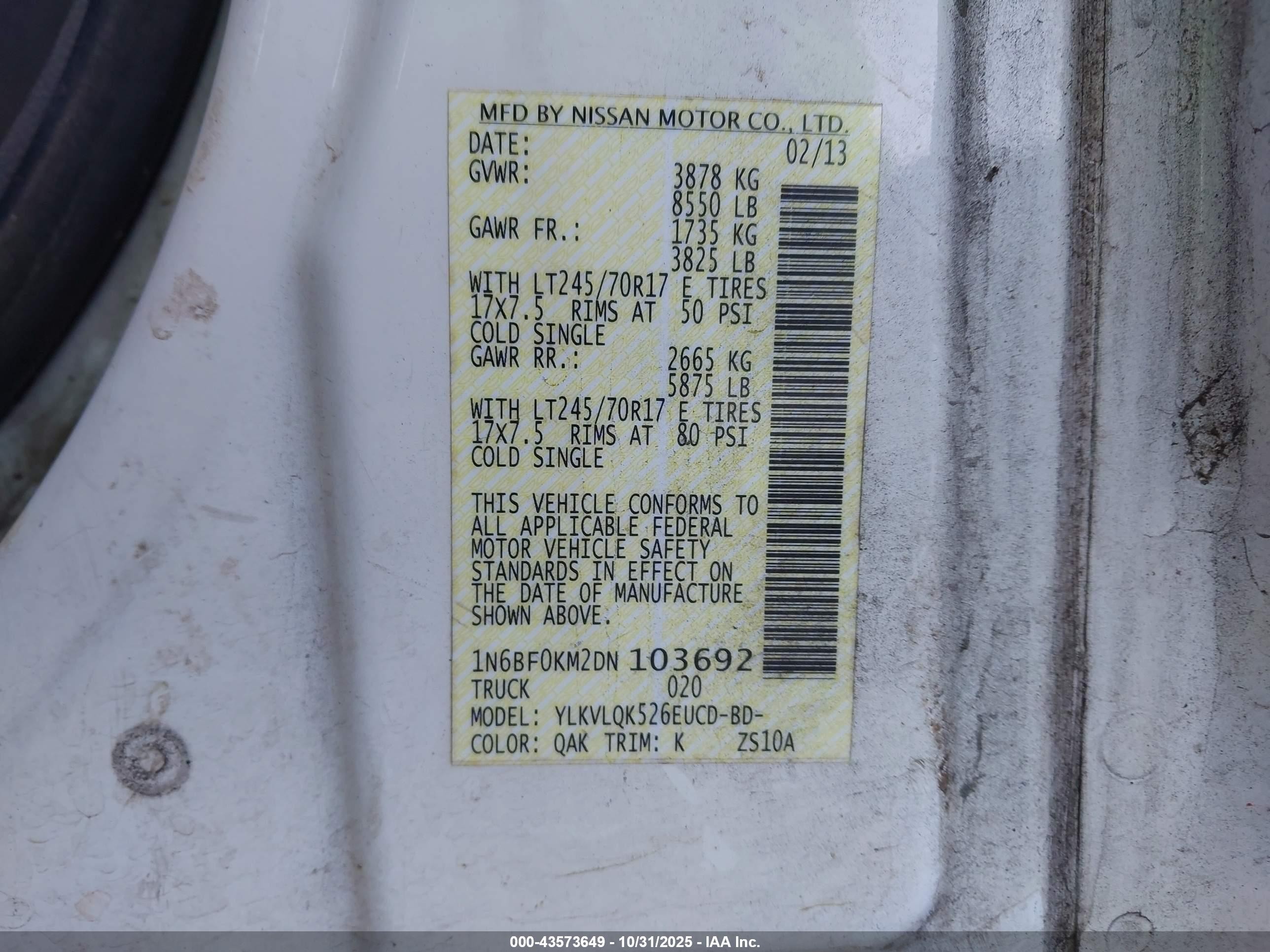 2013 Nissan Nv Cargo Nv1500 S V6 White vin: 1N6BF0KM2DN103692