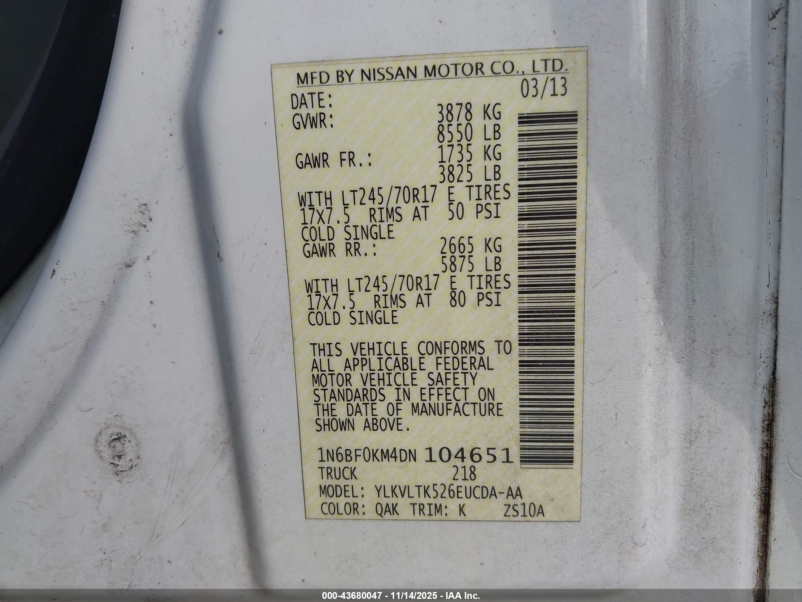 2013 Nissan Nv Cargo Nv1500 Sv V6 White vin: 1N6BF0KM4DN104651