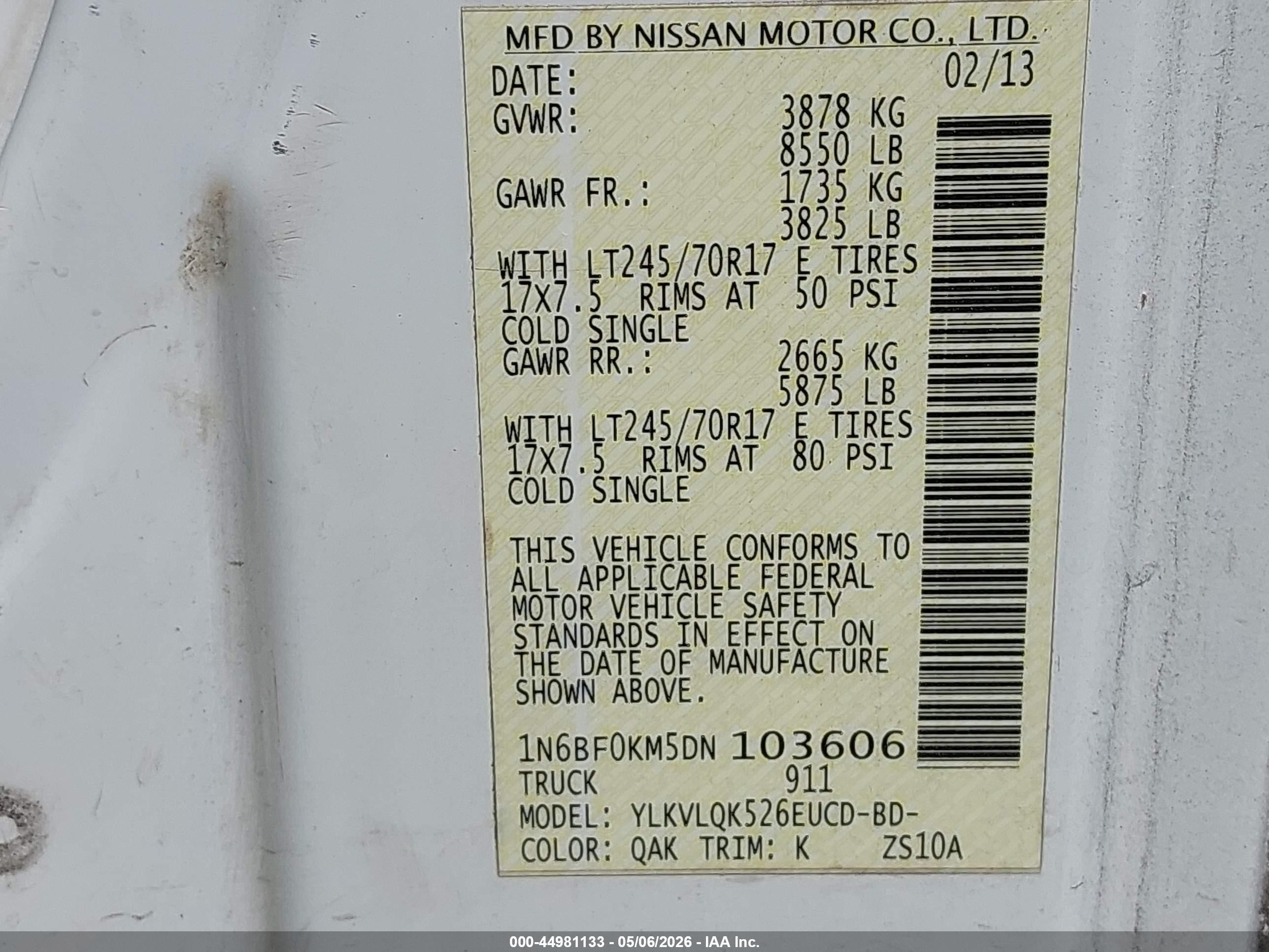 2013 Nissan Nv Cargo Nv1500 S V6 White vin: 1N6BF0KM5DN103606