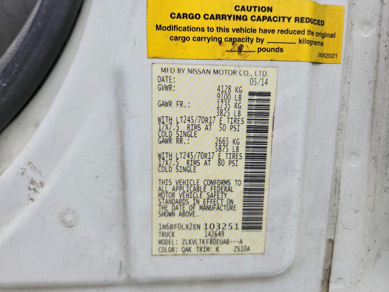 2014 Nissan Nv White vin: 1N6BF0LX2EN103251