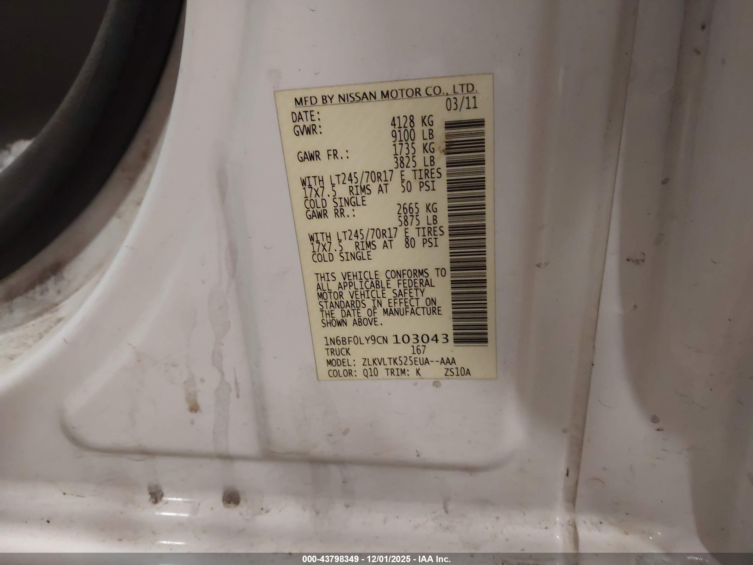2012 Nissan Nv 2500 Nv2500 Hd Sv V6 Белый vin: 1N6BF0LY9CN103043