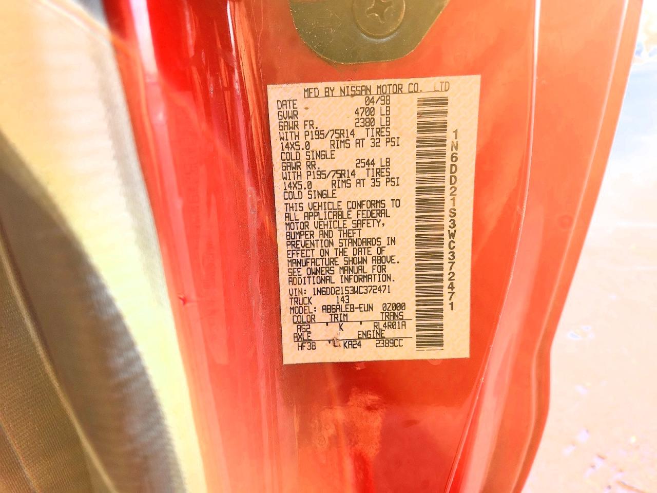 1998 Nissan Frontier Xe Red vin: 1N6DD21S3WC372471