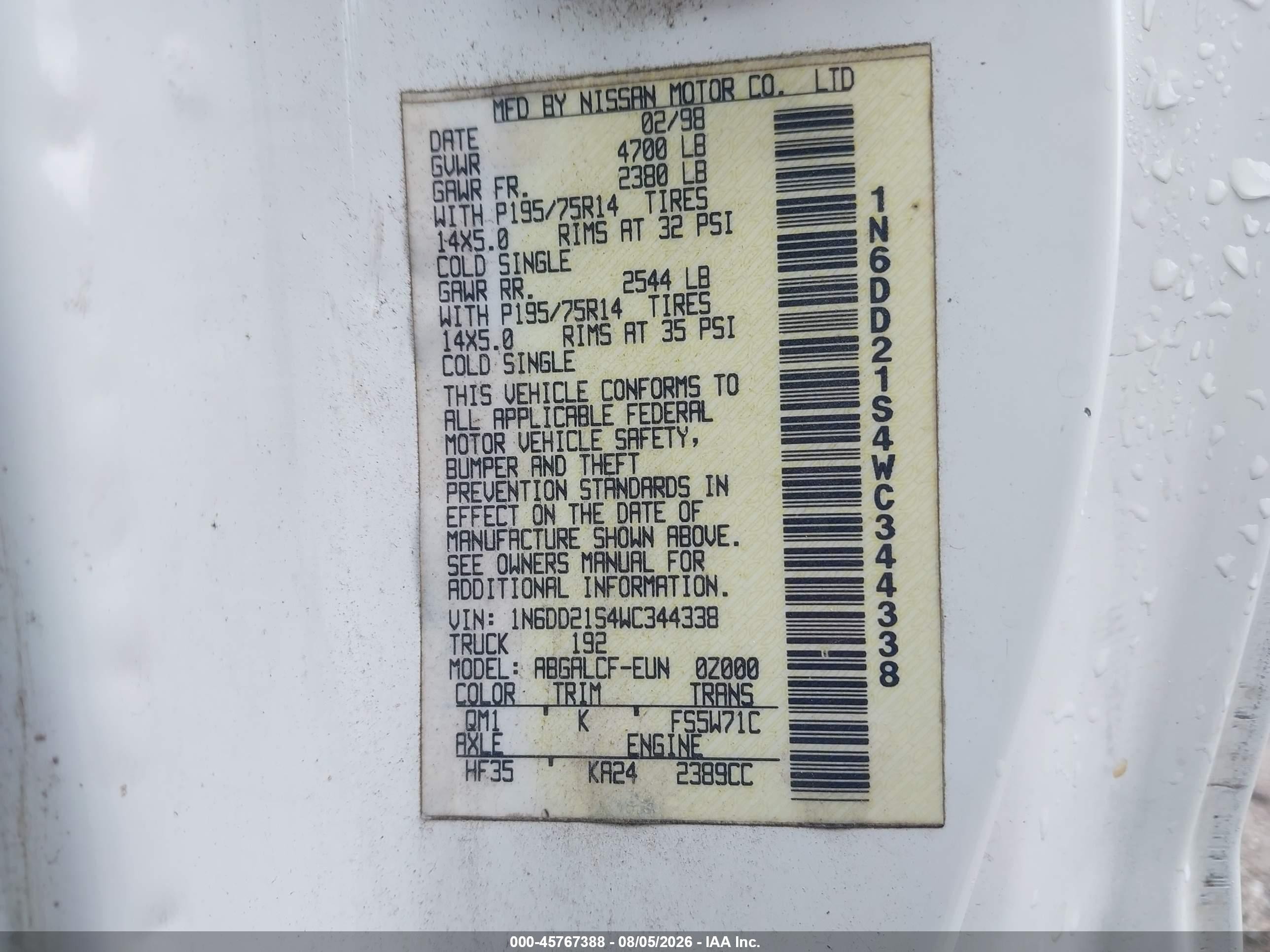 1998 Nissan Frontier Standard/xe White vin: 1N6DD21S4WC344338