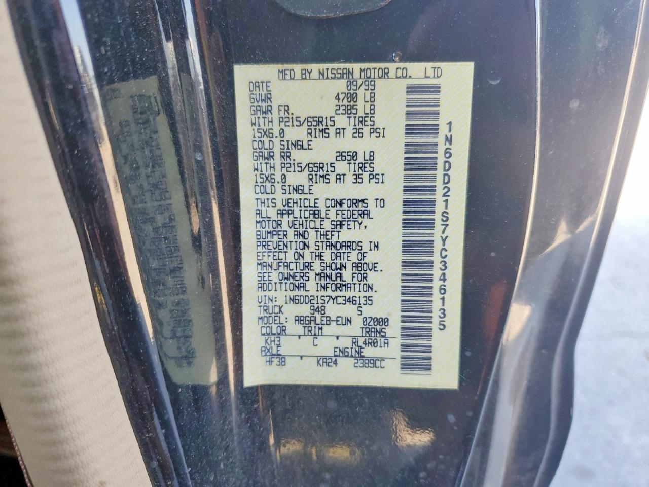 2000 Nissan Frontier Xe Black vin: 1N6DD21S7YC346135