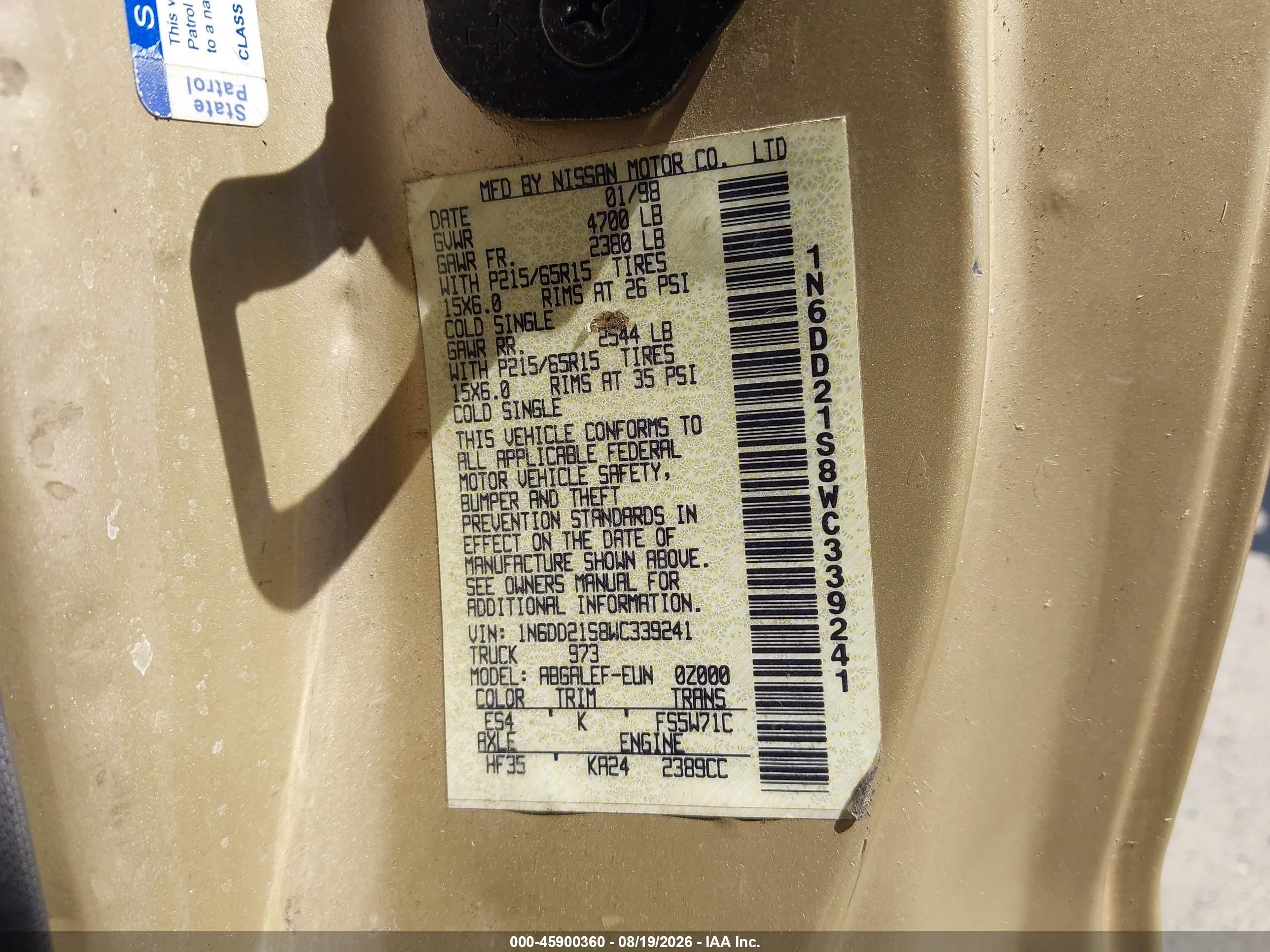 1998 Nissan Frontier Standard/xe Gold vin: 1N6DD21S8WC339241