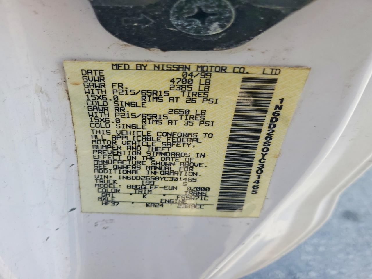 2000 Nissan Frontier Xe White vin: 1N6DD26S0YC301465