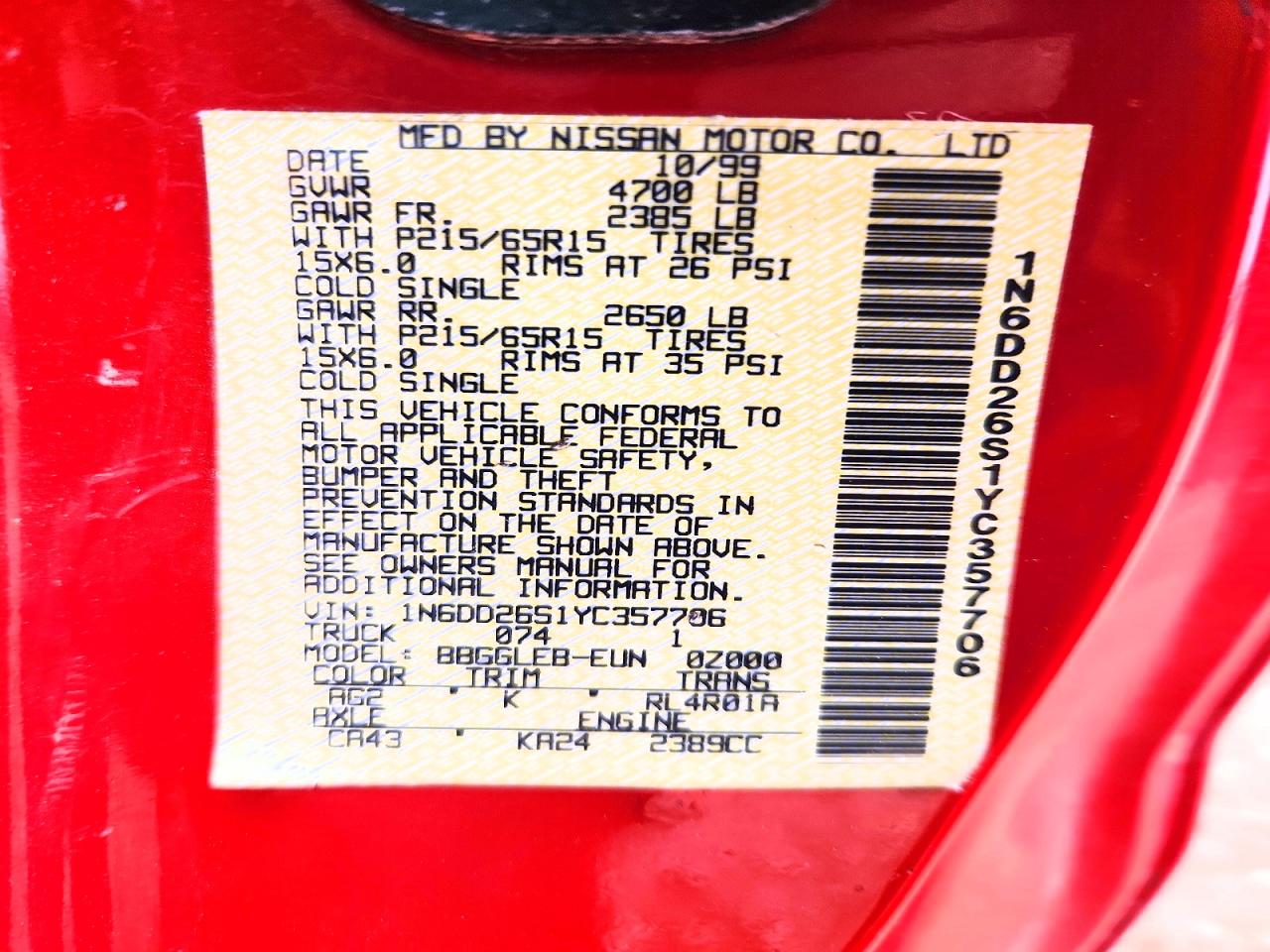2000 Nissan Frontier King Cab Xe Red vin: 1N6DD26S1YC357706