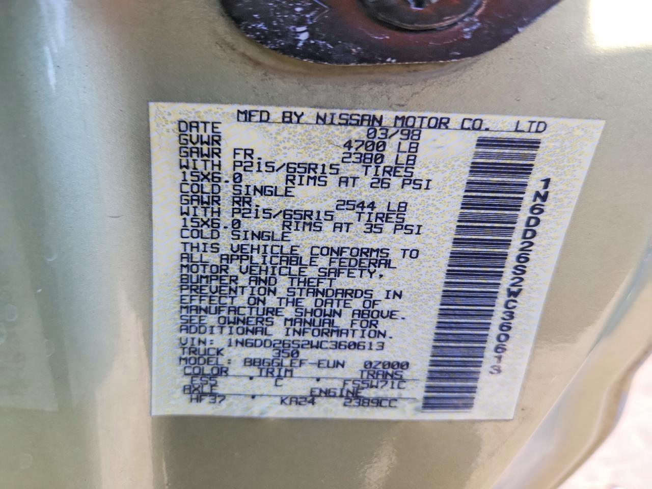 1998 Nissan Frontier Xe Золотой vin: 1N6DD26S2WC360613