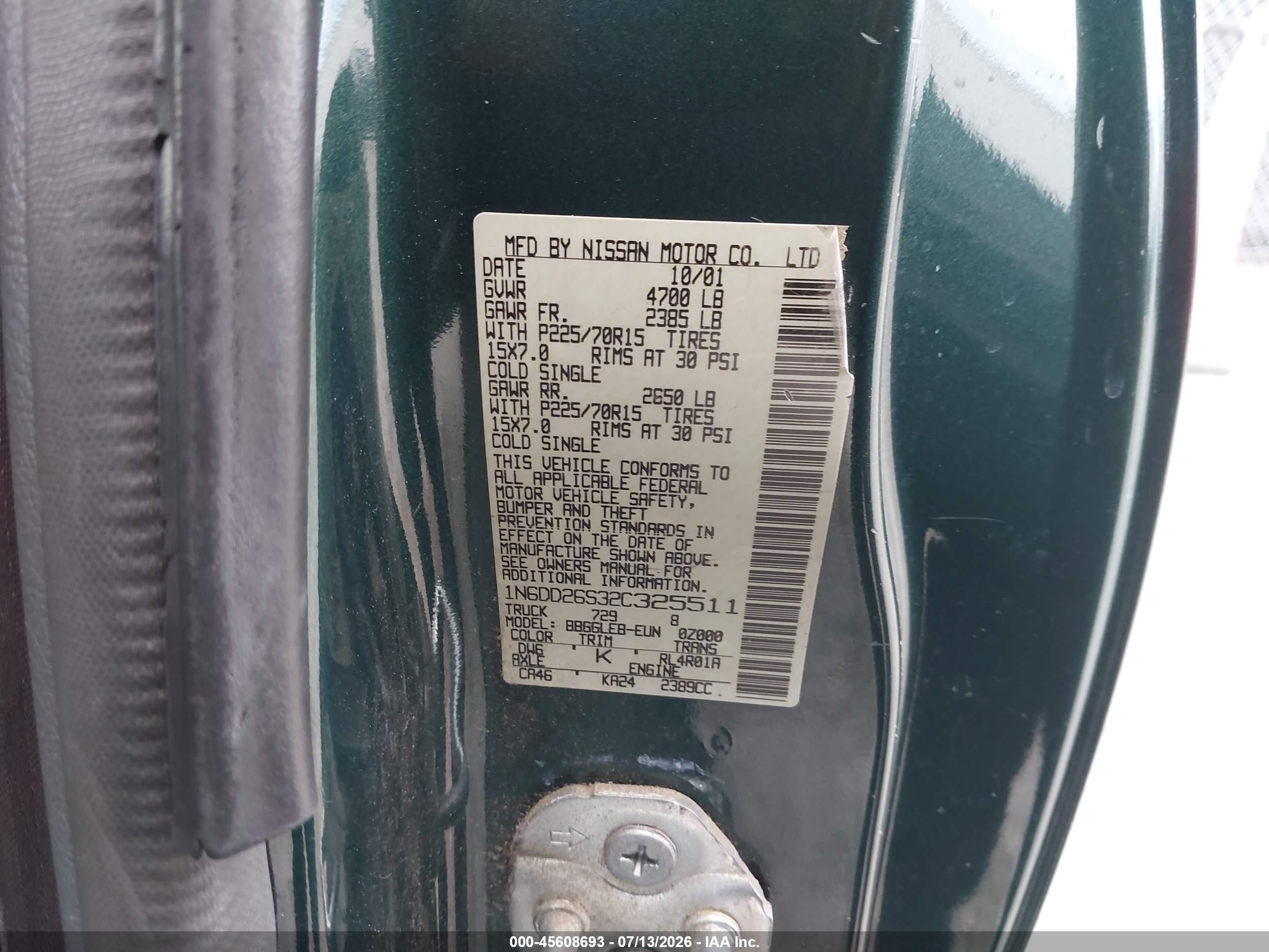 2002 Nissan Frontier Xe Зеленый vin: 1N6DD26S32C325511