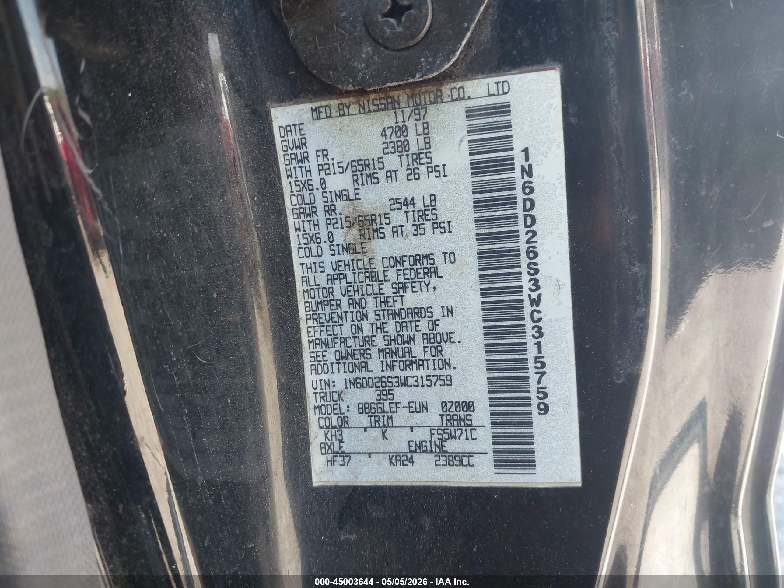 1998 Nissan Frontier Se/xe Black vin: 1N6DD26S3WC315759