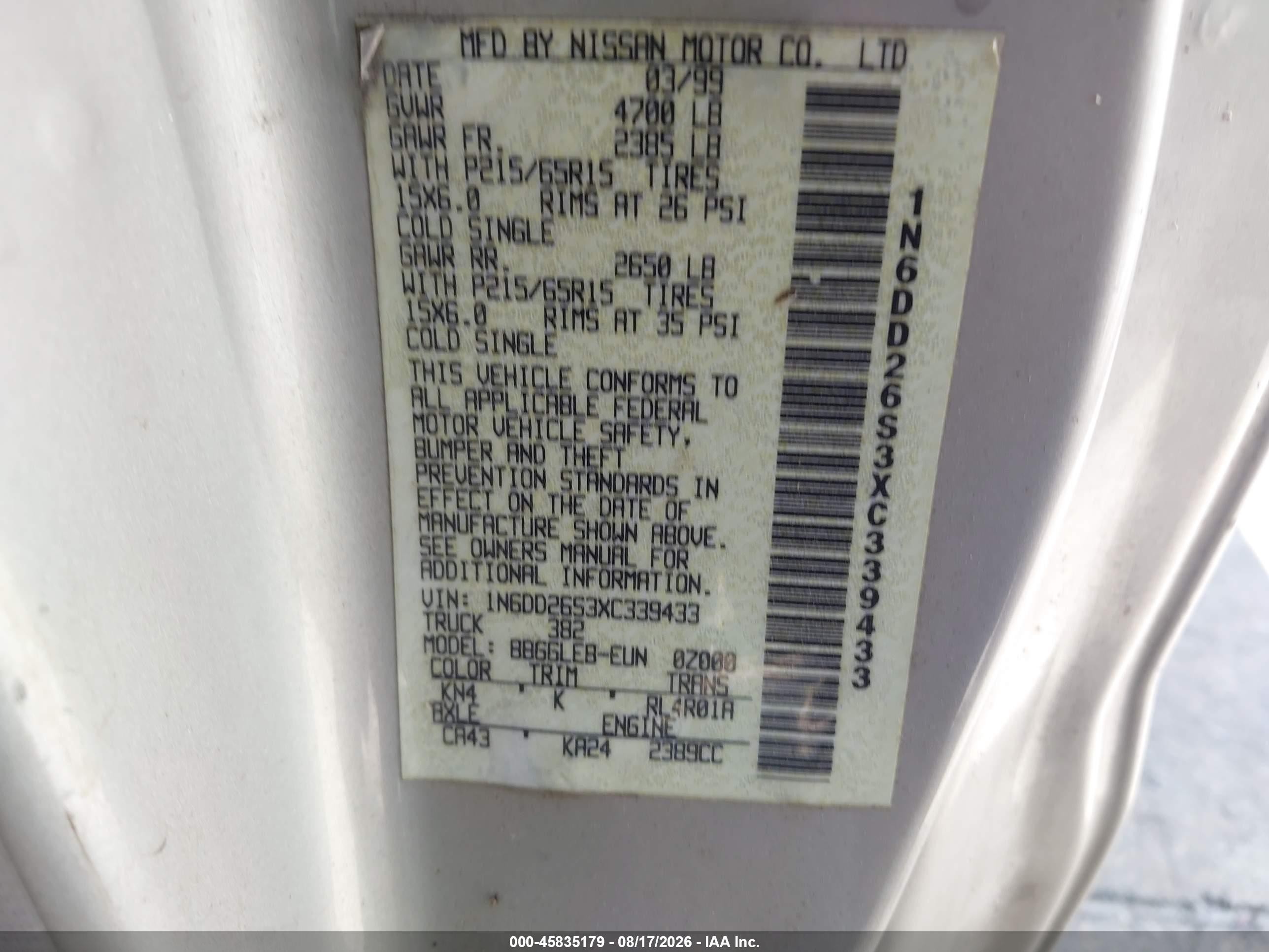 1999 Nissan Frontier Se/xe Silver vin: 1N6DD26S3XC339433