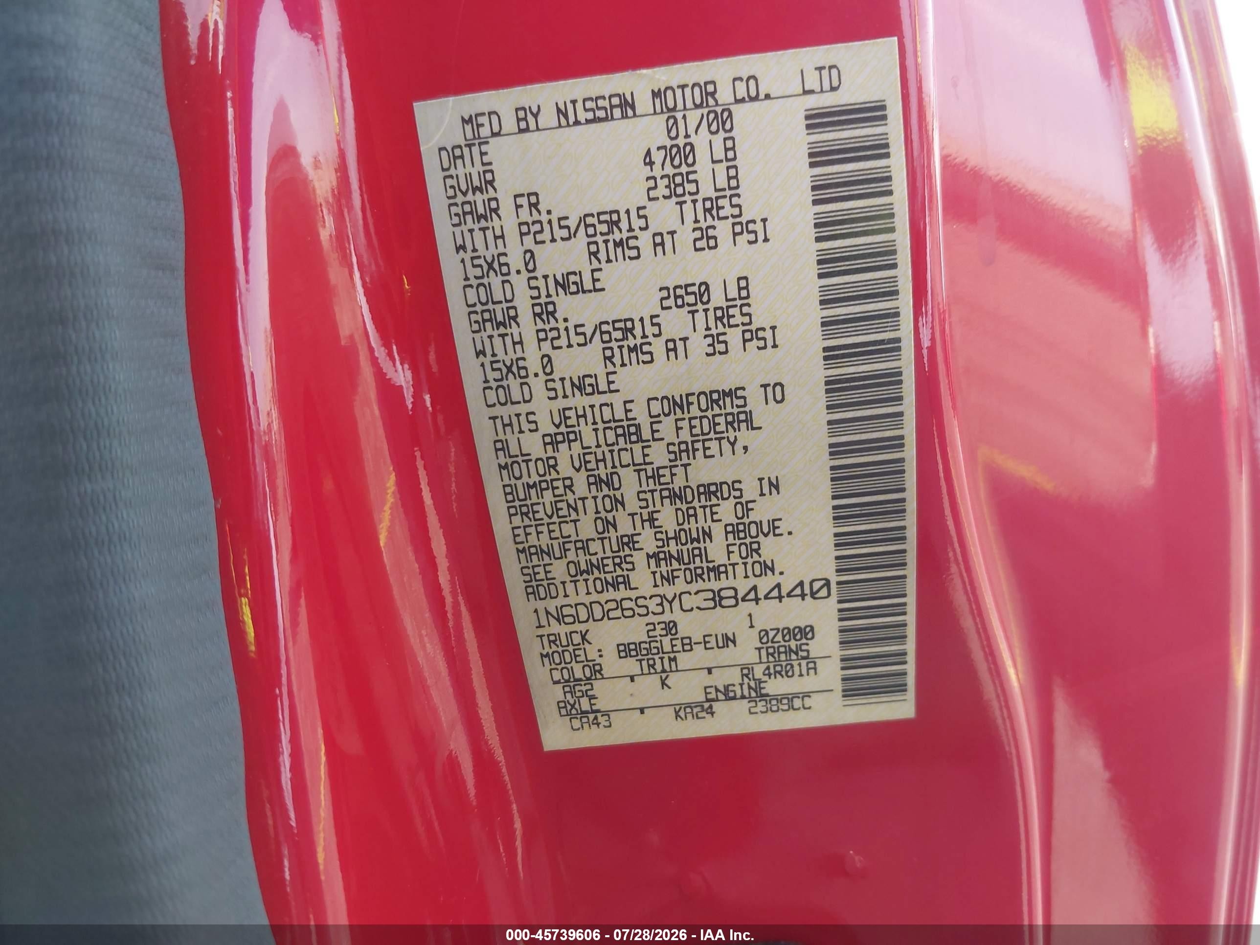 2000 Nissan Frontier Xe Red vin: 1N6DD26S3YC384440