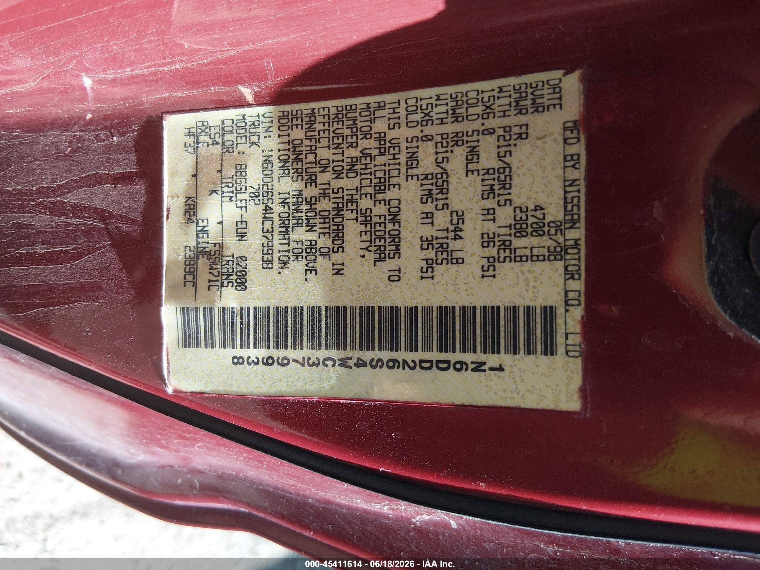 1998 Nissan Frontier Se/xe Red vin: 1N6DD26S4WC379938