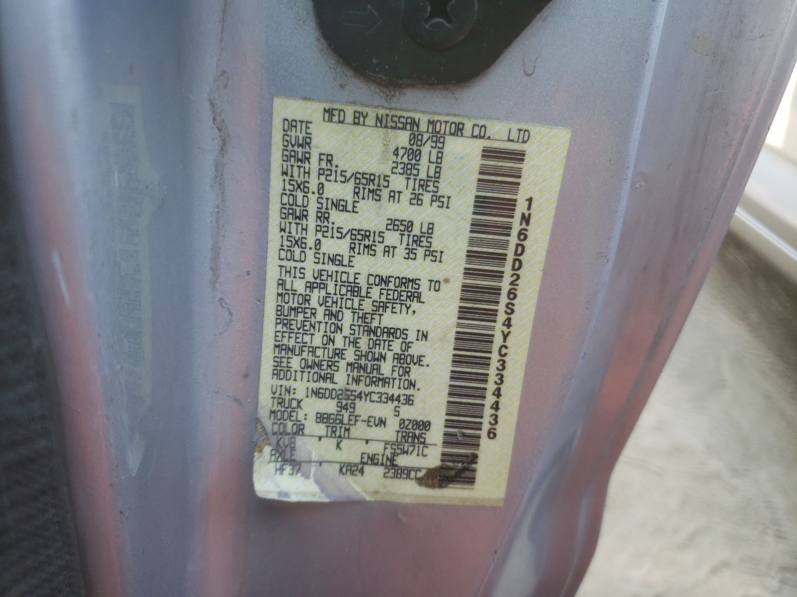 2000 Nissan Frontier King Cab Xe Silver vin: 1N6DD26S4YC334436