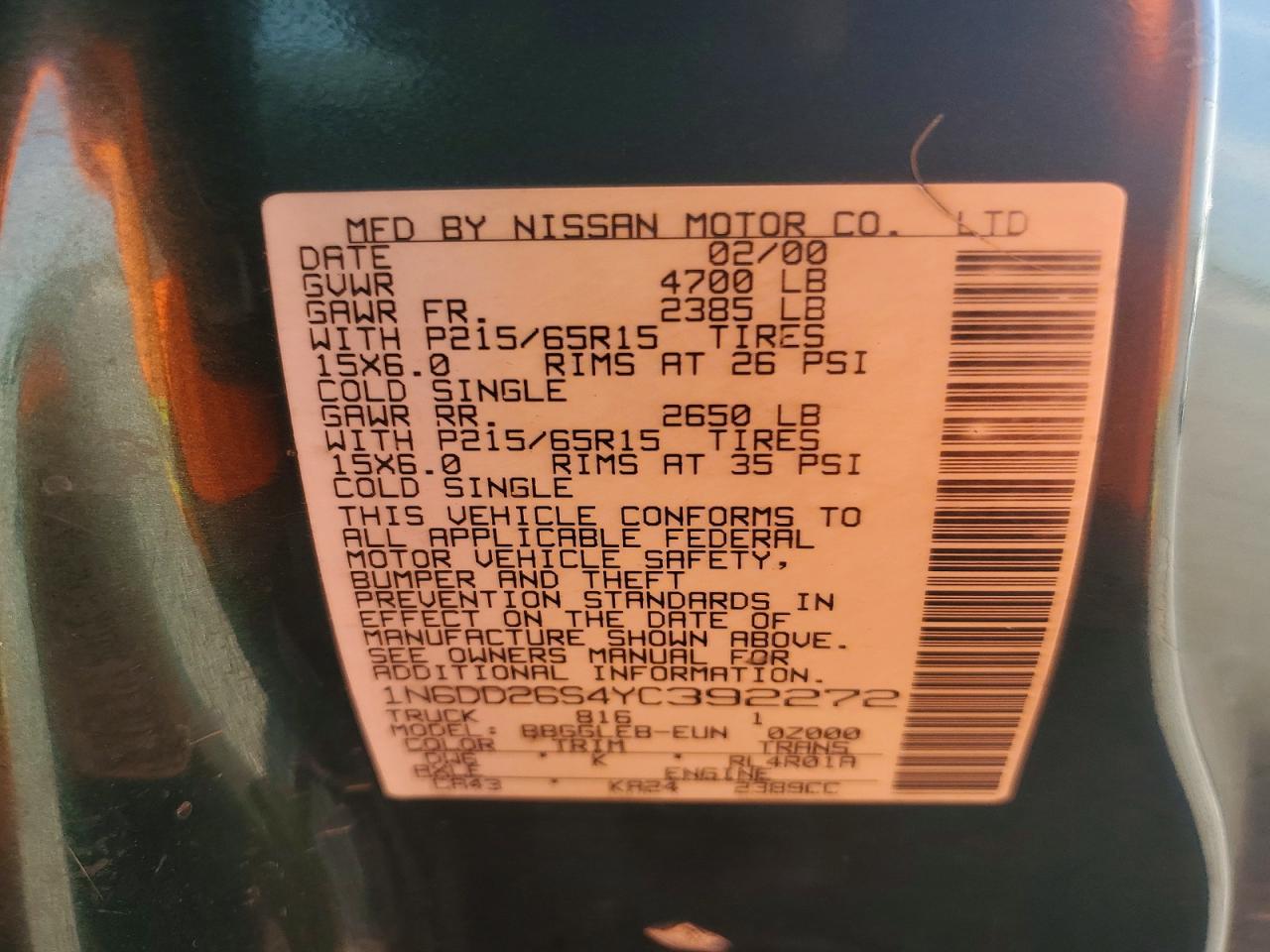 2000 Nissan Frontier Xe Green vin: 1N6DD26S4YC392272