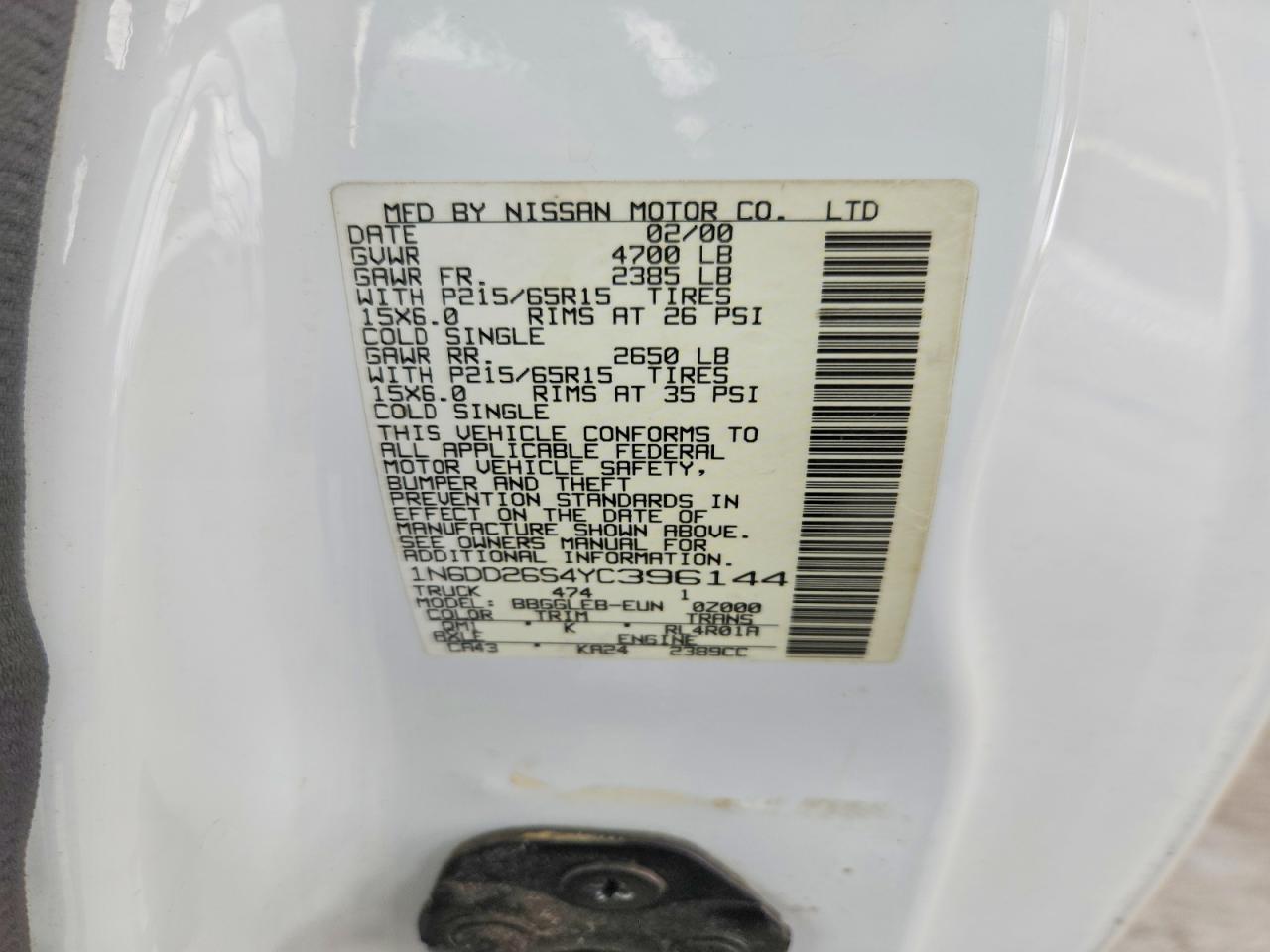 2000 Nissan Frontier Xe White vin: 1N6DD26S4YC396144