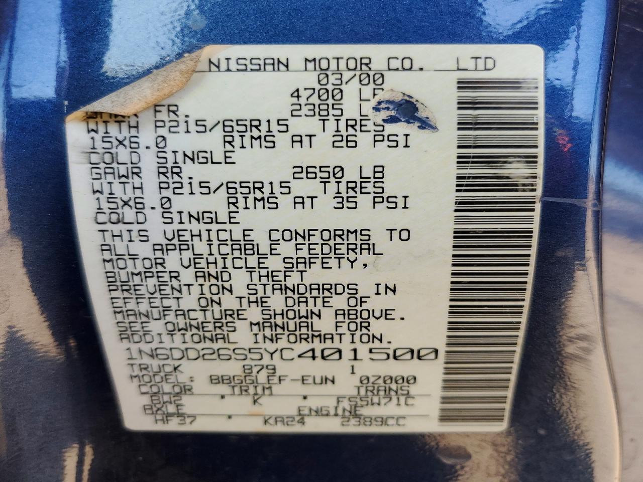 2000 Nissan Frontier King Cab Xe Blue vin: 1N6DD26S5YC401500