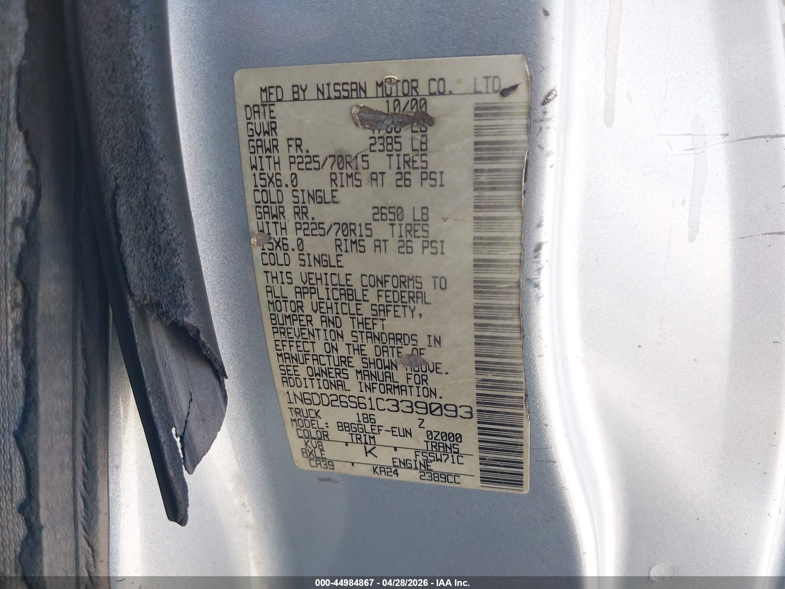 2001 Nissan Frontier Xe Silver vin: 1N6DD26S61C339093