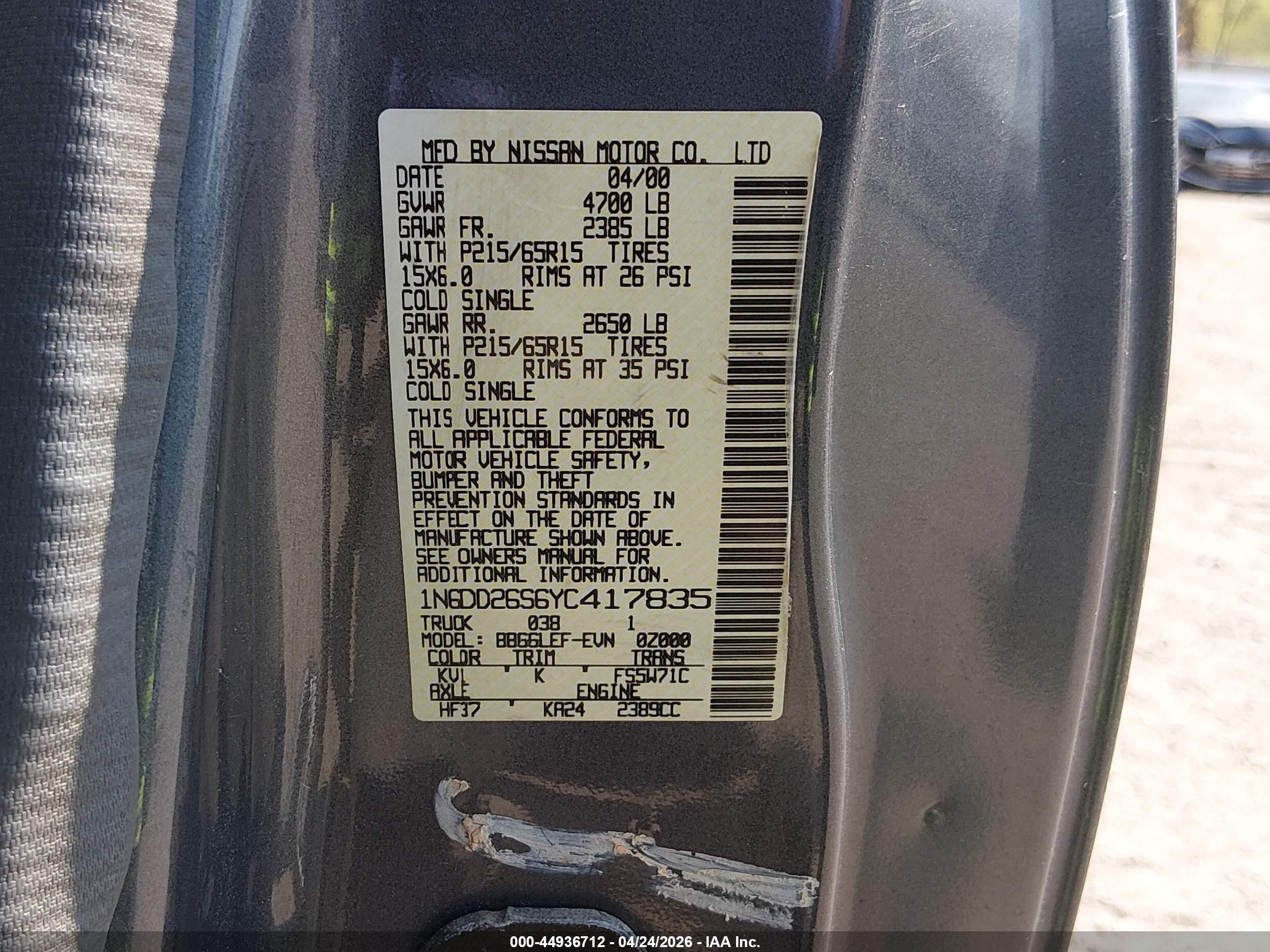 2000 Nissan Frontier Xe Gray vin: 1N6DD26S6YC417835