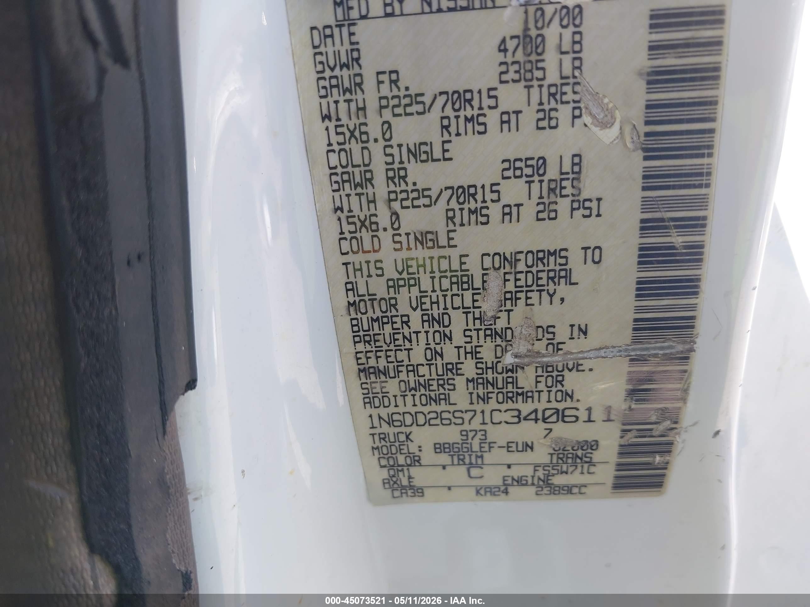 2001 Nissan Frontier Xe White vin: 1N6DD26S71C340611