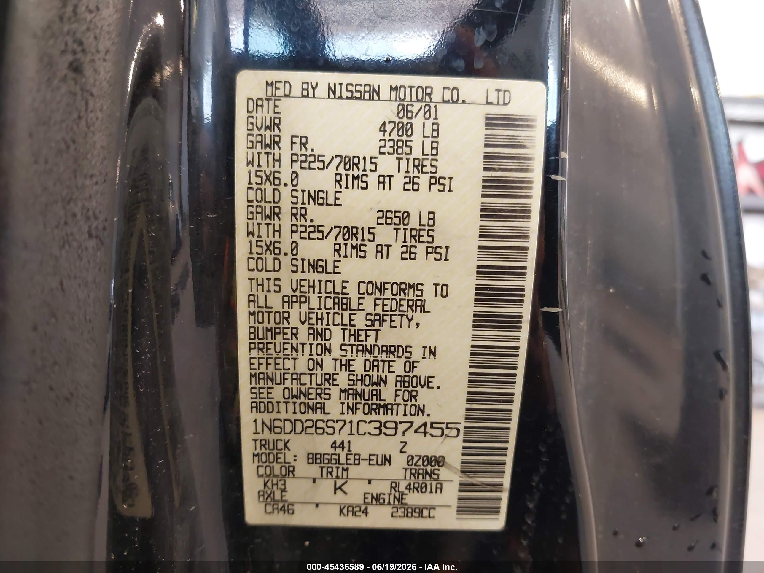 2001 Nissan Frontier Xe Black vin: 1N6DD26S71C397455