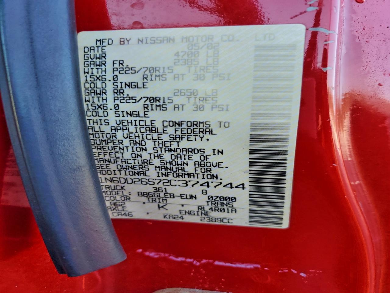 2002 Nissan Frontier Standard Red vin: 1N6DD26S72C374744